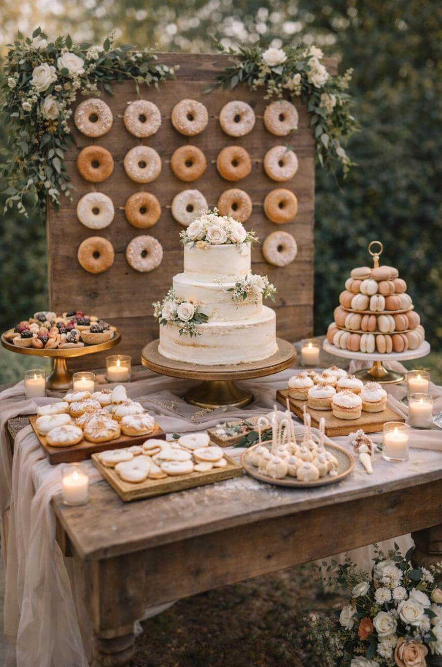 A rustic dessert table features a white tiered cake with flowers, surrounded by assorted pastries, donuts on a wooden wall, macarons, cookies, and candles, all decorated with greenery and flowers.