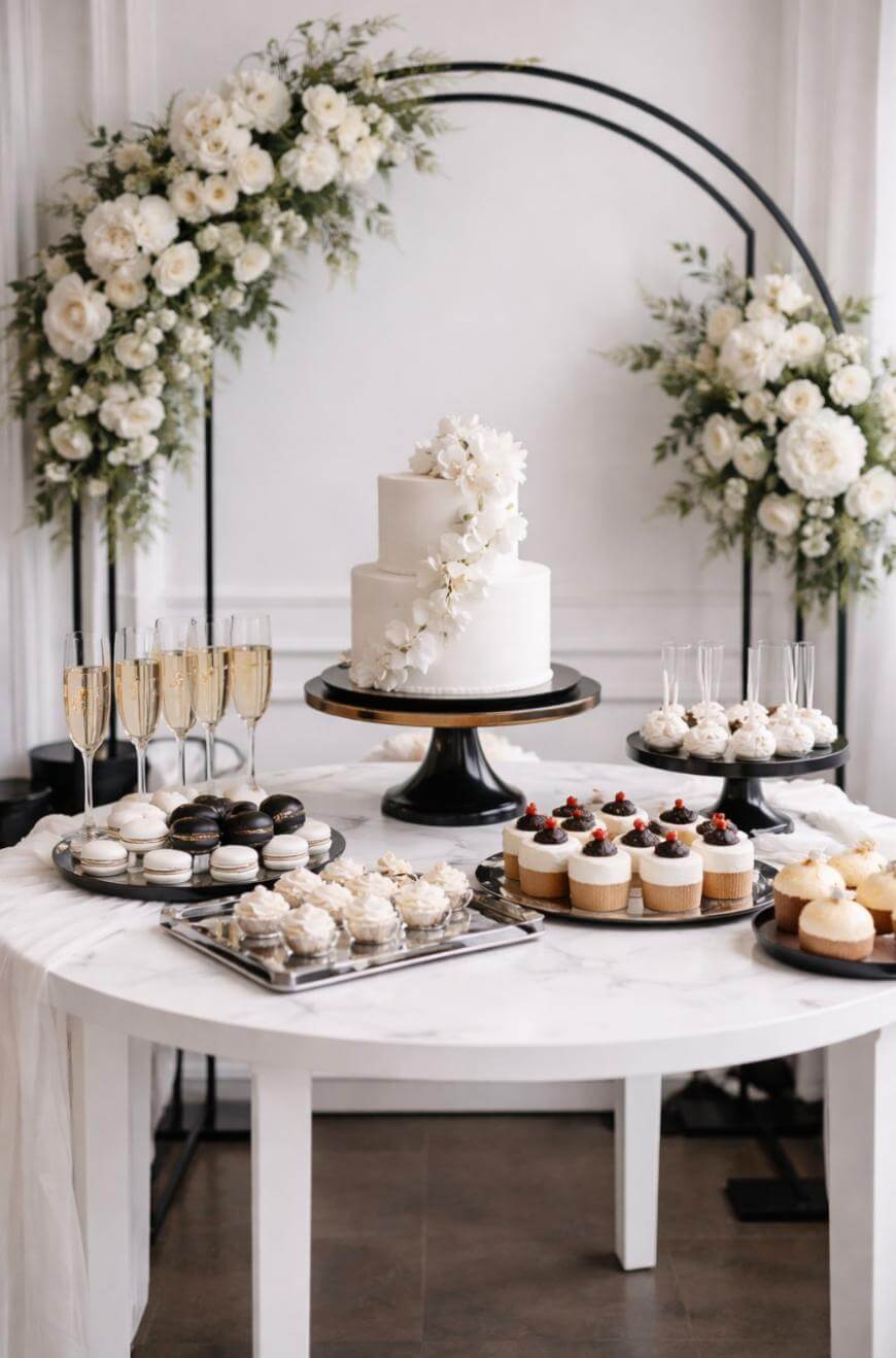 A white wedding cake decorated with white flowers sits on a round table, surrounded by cupcakes, macarons, meringues, and champagne glasses. White floral arrangements and an arch are in the background.