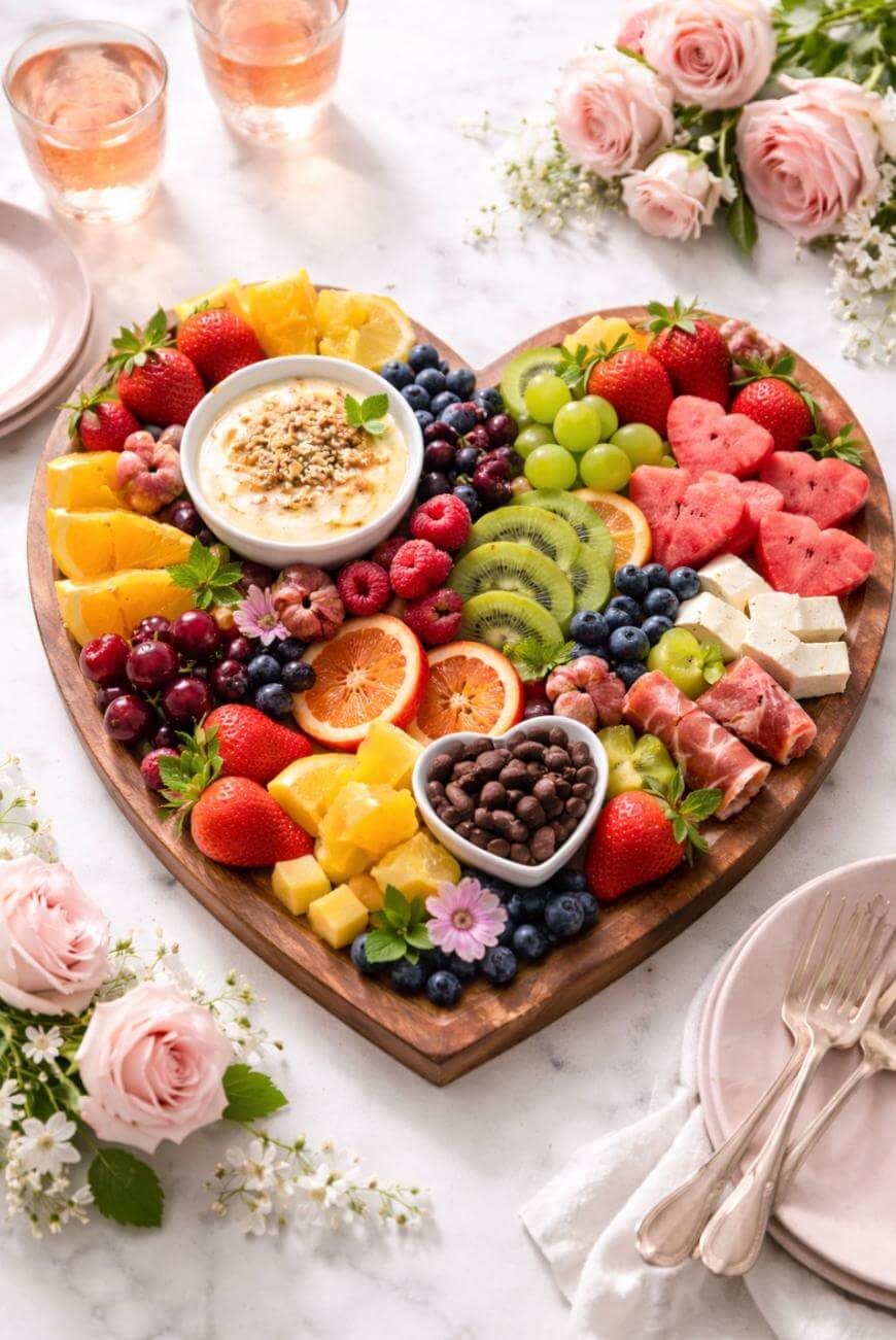A heart-shaped wooden platter filled with assorted fruits, cheese, meats, dip, and chocolate, surrounded by pink roses and two glasses of rosé on a marble table with pink plates and floral decorations.