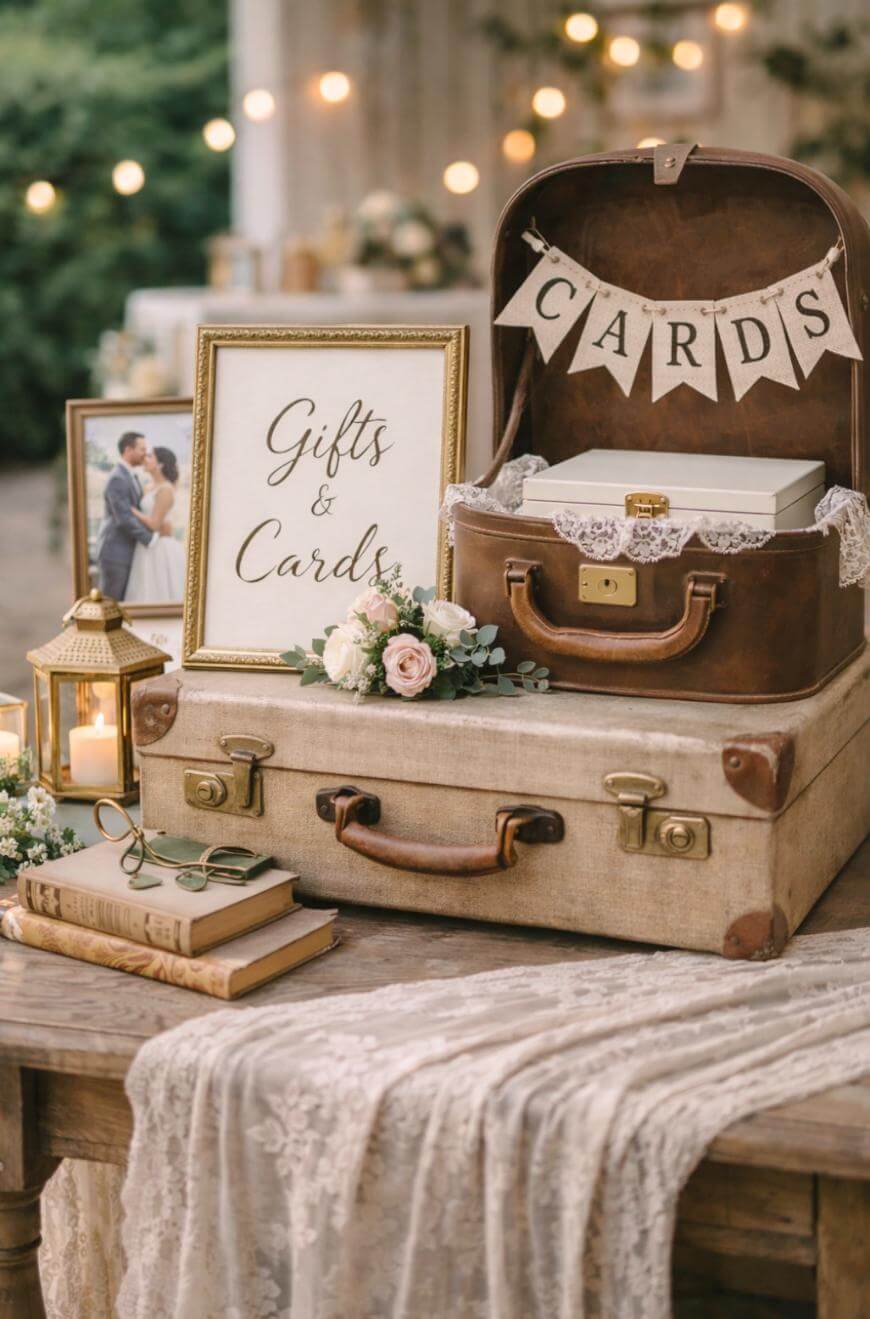 A vintage wedding card table with stacked suitcases, framed “Gifts & Cards” sign, floral arrangements, a lantern, books, a lace tablecloth, and a suitcase holding cards with a “CARDS” banner.