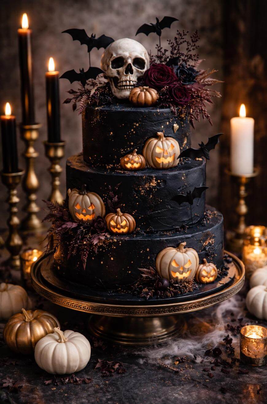 Three-tiered black Halloween cake decorated with gold and orange jack-o-lanterns, a skull, black bats, roses, and foliage, surrounded by gold and white pumpkins, burning candles, and cobwebs on a dark table.