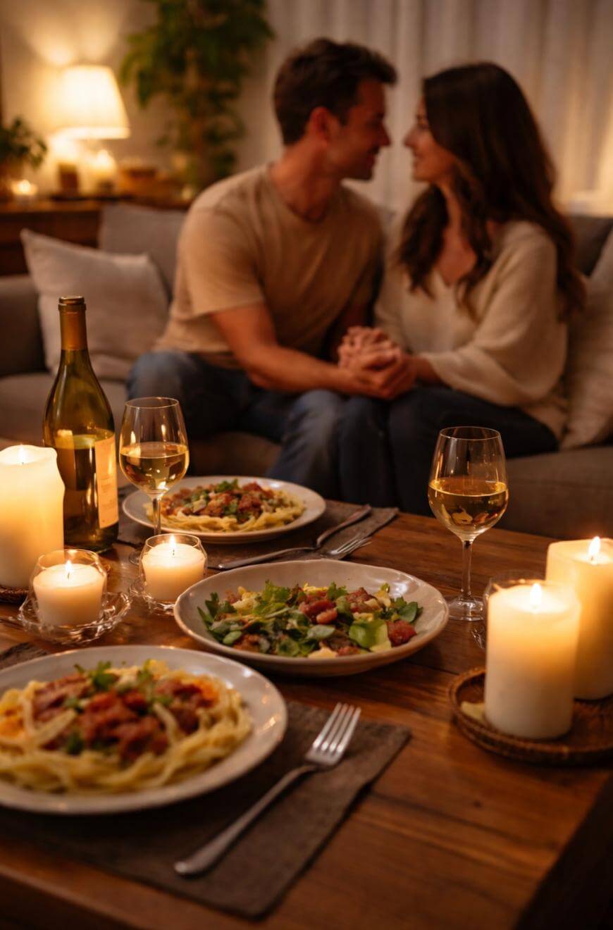 A couple sits closely on a sofa, holding hands and smiling at each other. In the foreground, a wooden table is set with pasta dishes, salad, wine, and lit candles, creating a warm, romantic atmosphere.