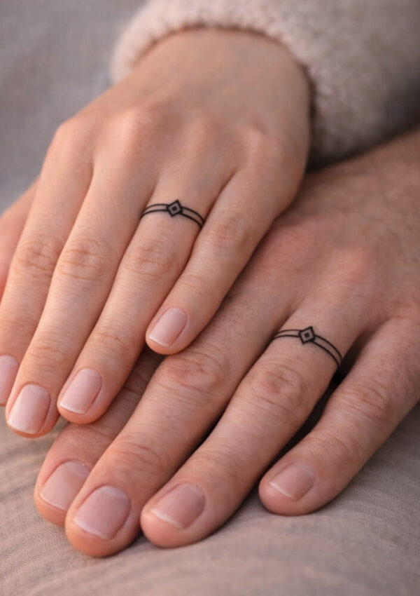 Two hands with matching minimalist black line tattoos on their ring fingers, each featuring a thin band and a small diamond-shaped design in the center. The nails are neatly trimmed and painted a soft, natural pink.