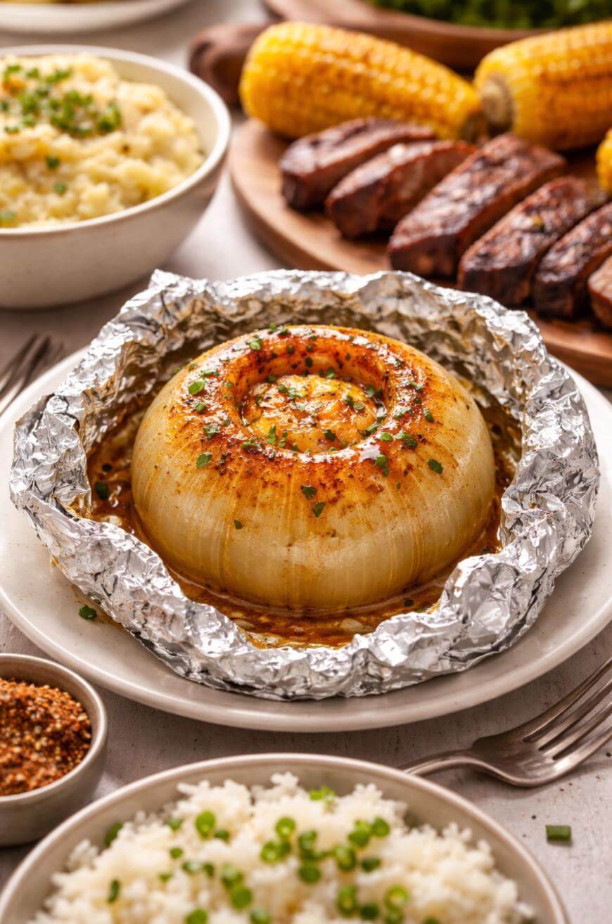 A baked onion seasoned with herbs and spices sits on a plate wrapped in foil. Surrounding it are bowls of mashed potatoes, rice, corn on the cob, and grilled meat.