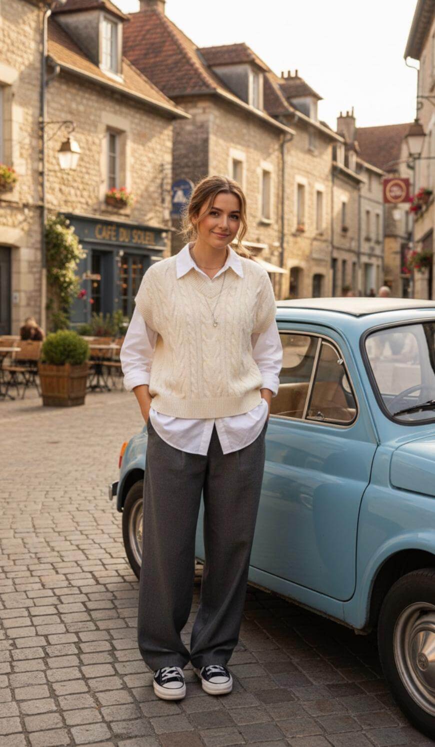 A woman stands on a cobblestone street beside a light blue vintage car, wearing a white shirt, cream knit vest, gray pants, and sneakers. Old stone buildings and a café are visible in the background.