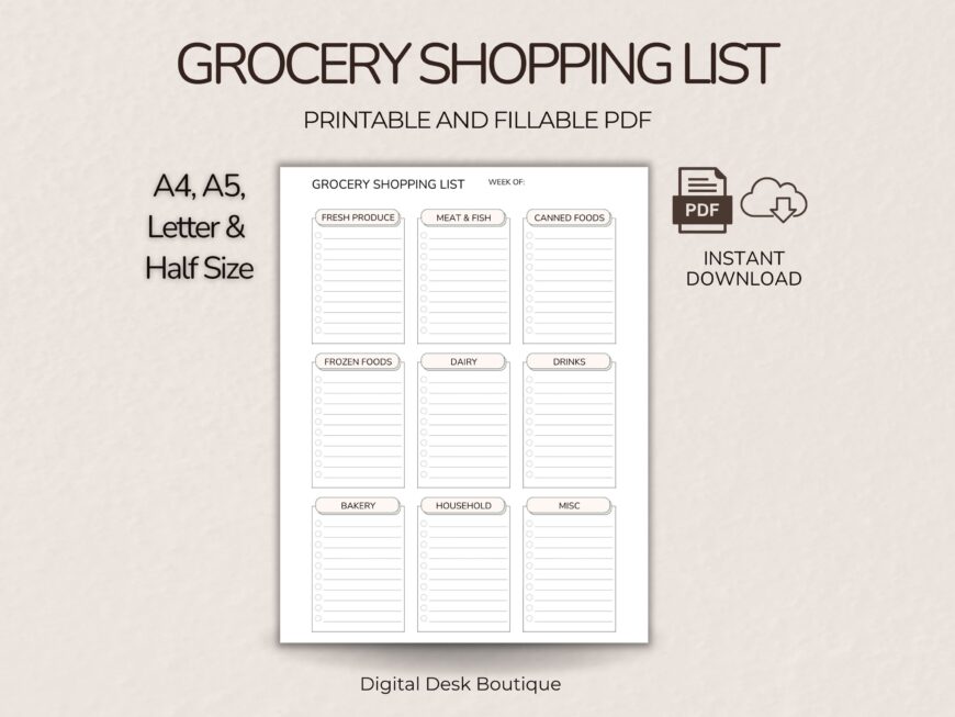 The Minimalist Grocery Shopping List Printable PDF features a categorised weekly checklist for produce, canned foods, meat & fish, and more. Available in A4, A5, letter & half-size formats.