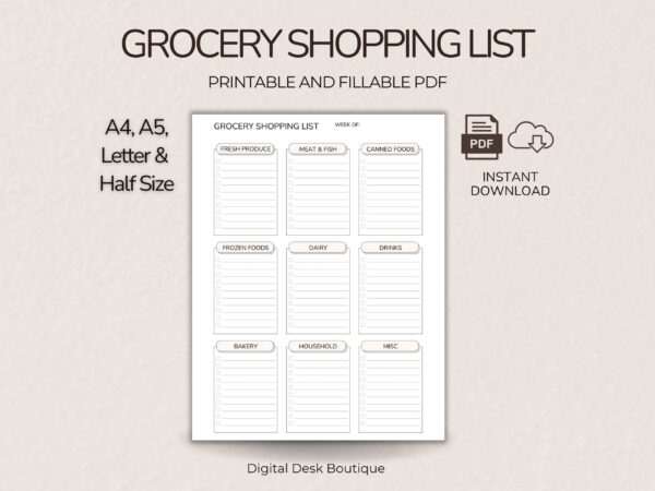 The Minimalist Grocery Shopping List Printable PDF features a categorised weekly checklist for produce, canned foods, meat & fish, and more. Available in A4, A5, letter & half-size formats.