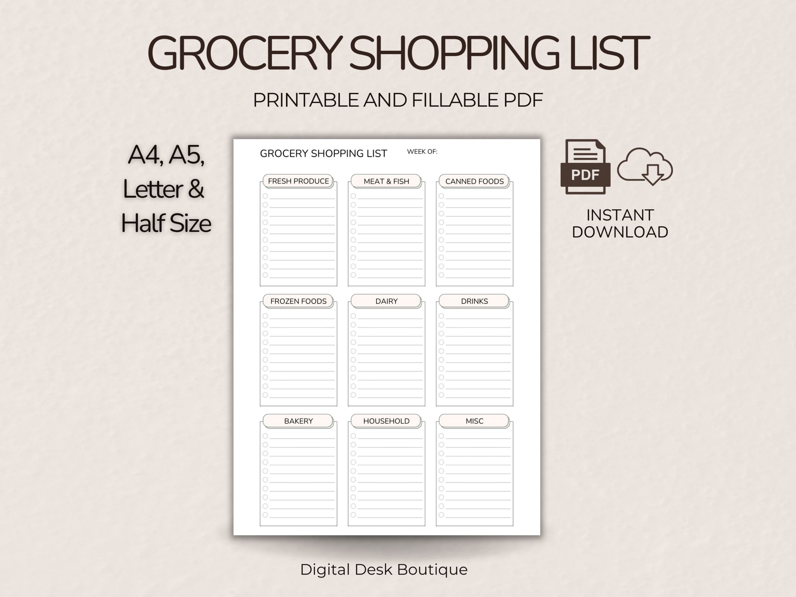The Minimalist Grocery Shopping List Printable PDF features a categorised weekly checklist for produce, canned foods, meat & fish, and more. Available in A4, A5, letter & half-size formats.