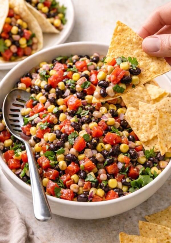 A bowl of colorful bean and corn salsa with chopped red peppers, black beans, corn, and herbs, served with tortilla chips; a hand is dipping a chip into the salsa.