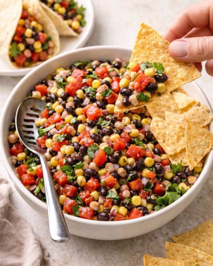 A bowl of colorful bean and corn salsa with chopped red peppers, black beans, corn, and herbs, served with tortilla chips; a hand is dipping a chip into the salsa.