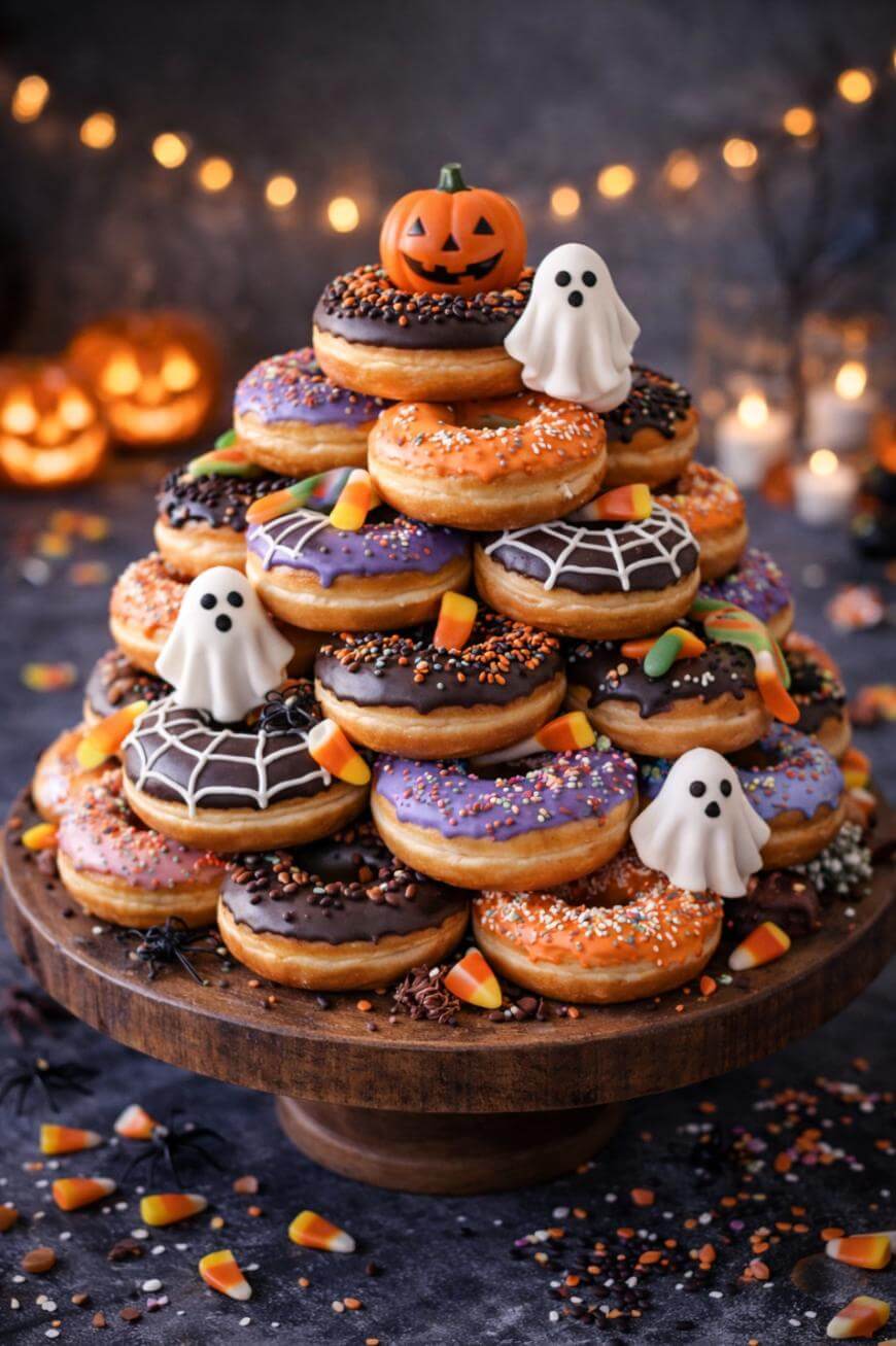 A tiered wooden stand displays Halloween-themed donuts decorated with icing, sprinkles, candy corn, fondant ghosts, and a pumpkin topper. Jack-o’-lanterns and string lights glow in the blurred background.