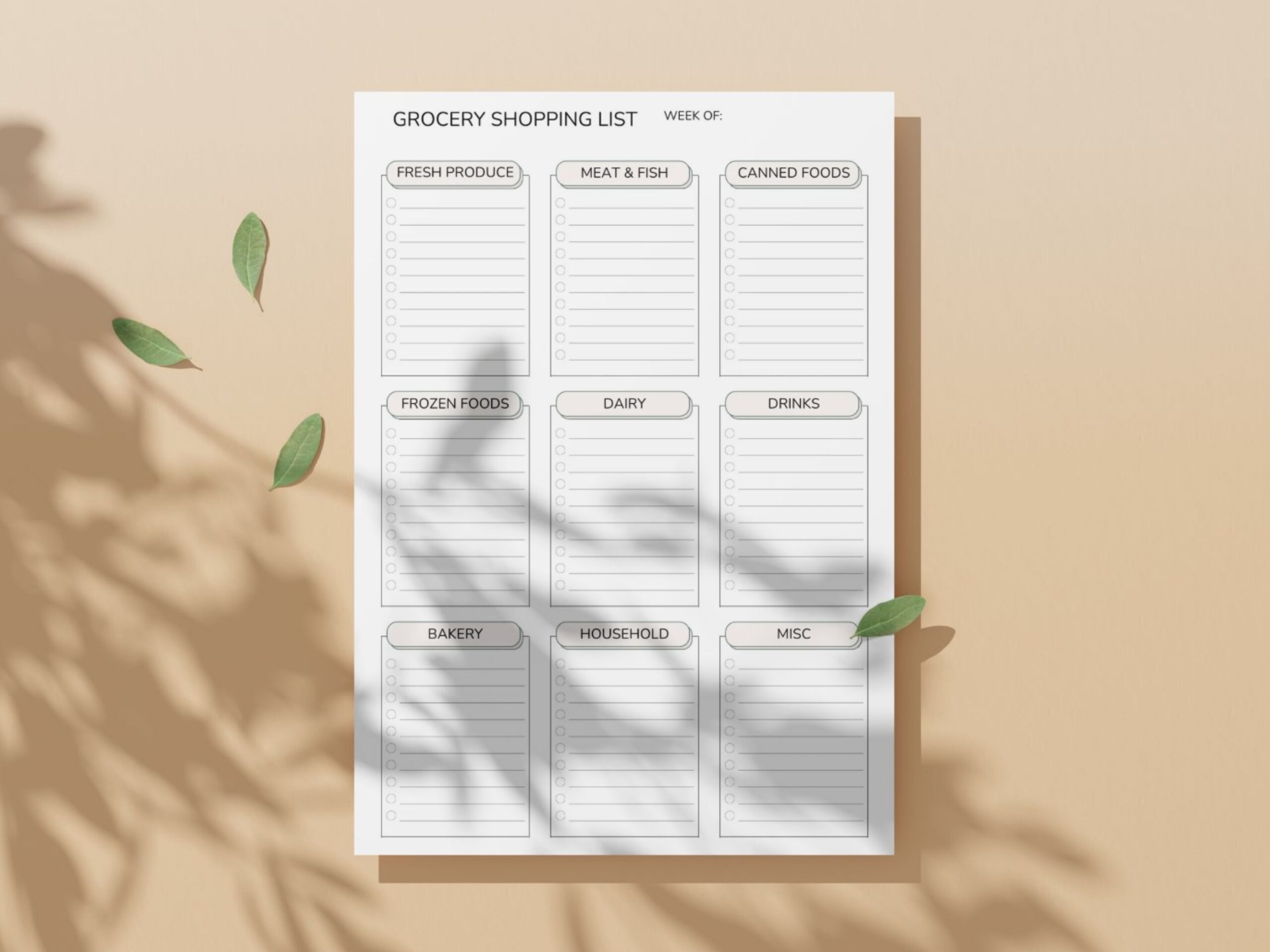 The Minimalist Grocery Shopping List Printable PDF is a categorised weekly checklist (A4, A5, Letter & Half Size) designed for organised grocery planning. Features sections for produce, dairy, drinks & more—ideal for your shopping routine.