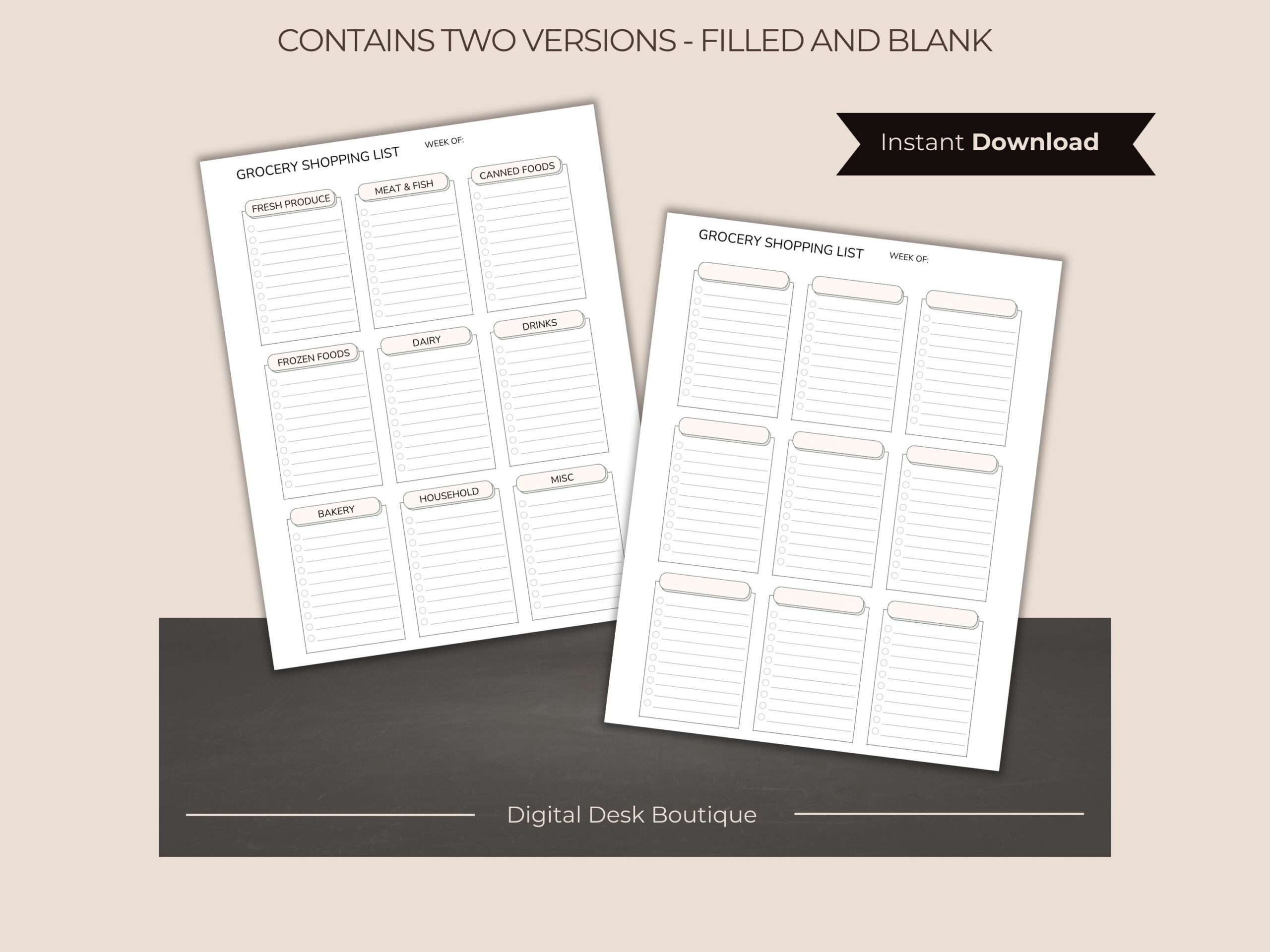 The Minimalist Grocery Shopping List Printable PDF – Categorised Weekly Checklist (A4, A5, Letter & Half Size) comes in two versions: one with labeled categories and one blank, both featuring lined notes sections and a bold “Instant Download” banner.