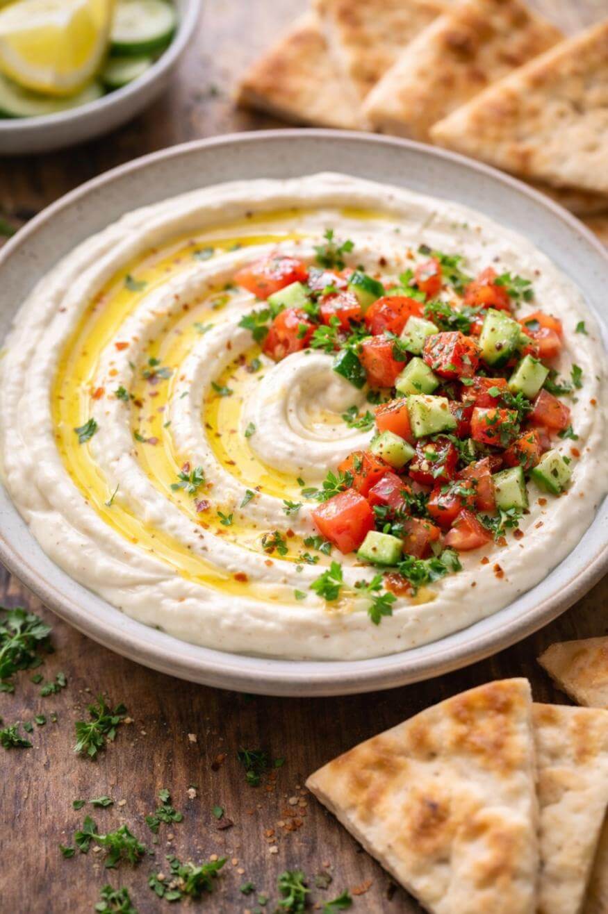 A bowl of creamy hummus topped with diced tomatoes, cucumbers, herbs, and olive oil, surrounded by pita bread slices on a wooden surface. A small bowl of lime wedges is visible in the background.