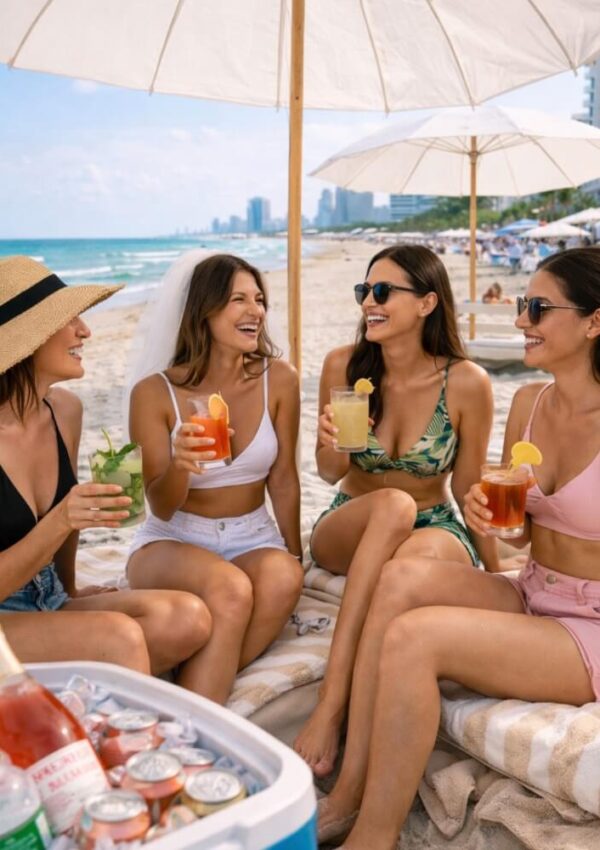 Four women in swimsuits sit on the beach under umbrellas, smiling and holding cocktails. A cooler with drinks is in the foreground. The ocean and city skyline are visible in the background.