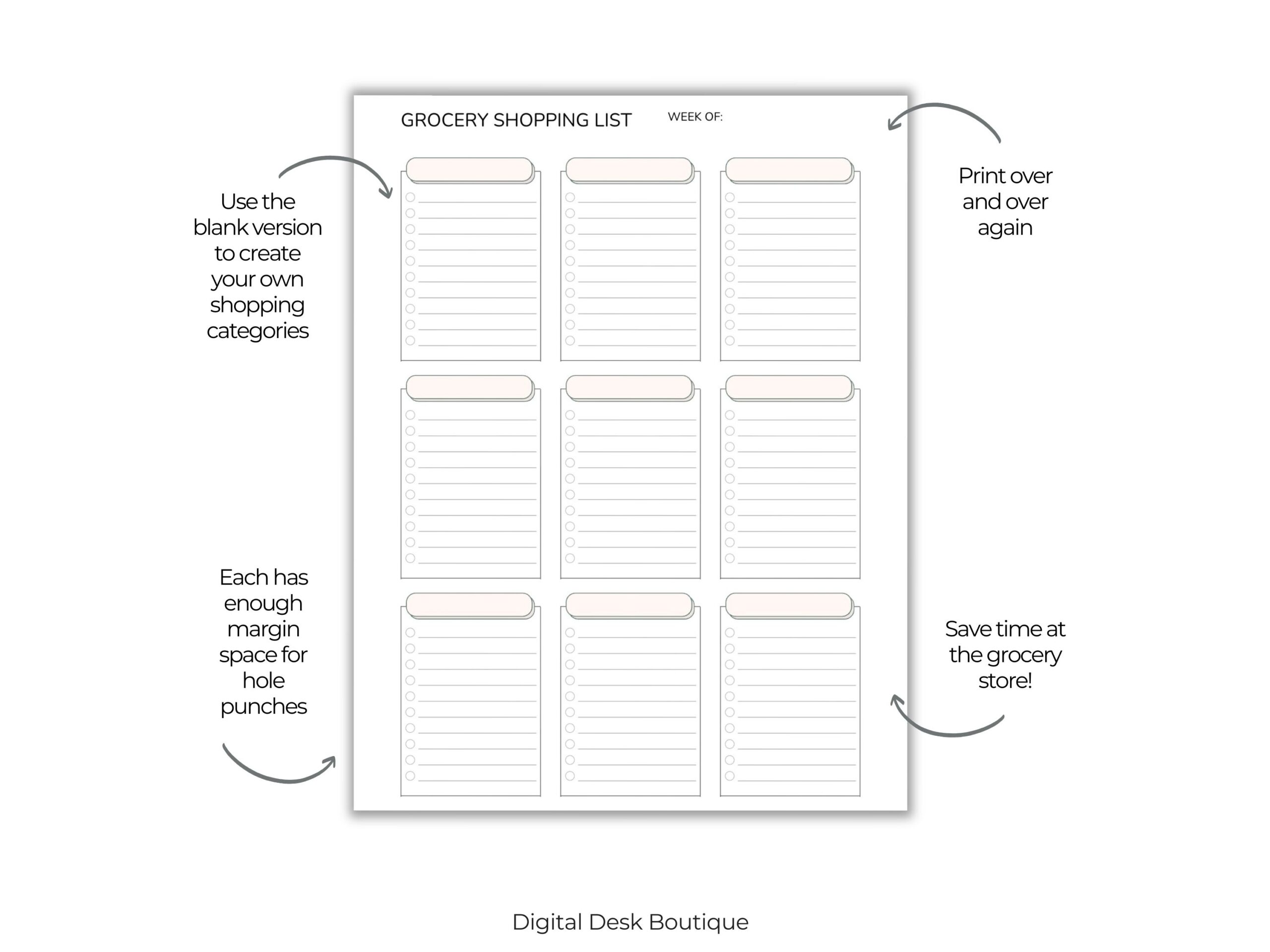 Minimalist Grocery Shopping List Printable PDF – Categorised Weekly Checklist (A4, A5, Letter & Half Size) with nine blank category sections, checkboxes for each item, margin space for hole punches, reusability, and weekly time-saving features.