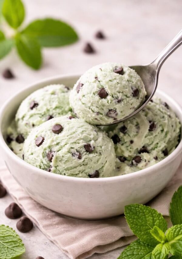A bowl of mint chocolate chip ice cream with chocolate chips, garnished with fresh mint leaves. A spoon is scooping out a portion. The scene is bright and inviting, with extra chocolate chips and mint leaves surrounding the bowl.