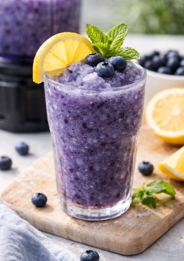 A glass of blueberry slush topped with fresh blueberries, a lemon slice, and mint leaves sits on a wooden board. Lemon halves, blueberries, and a blender are in the background.
