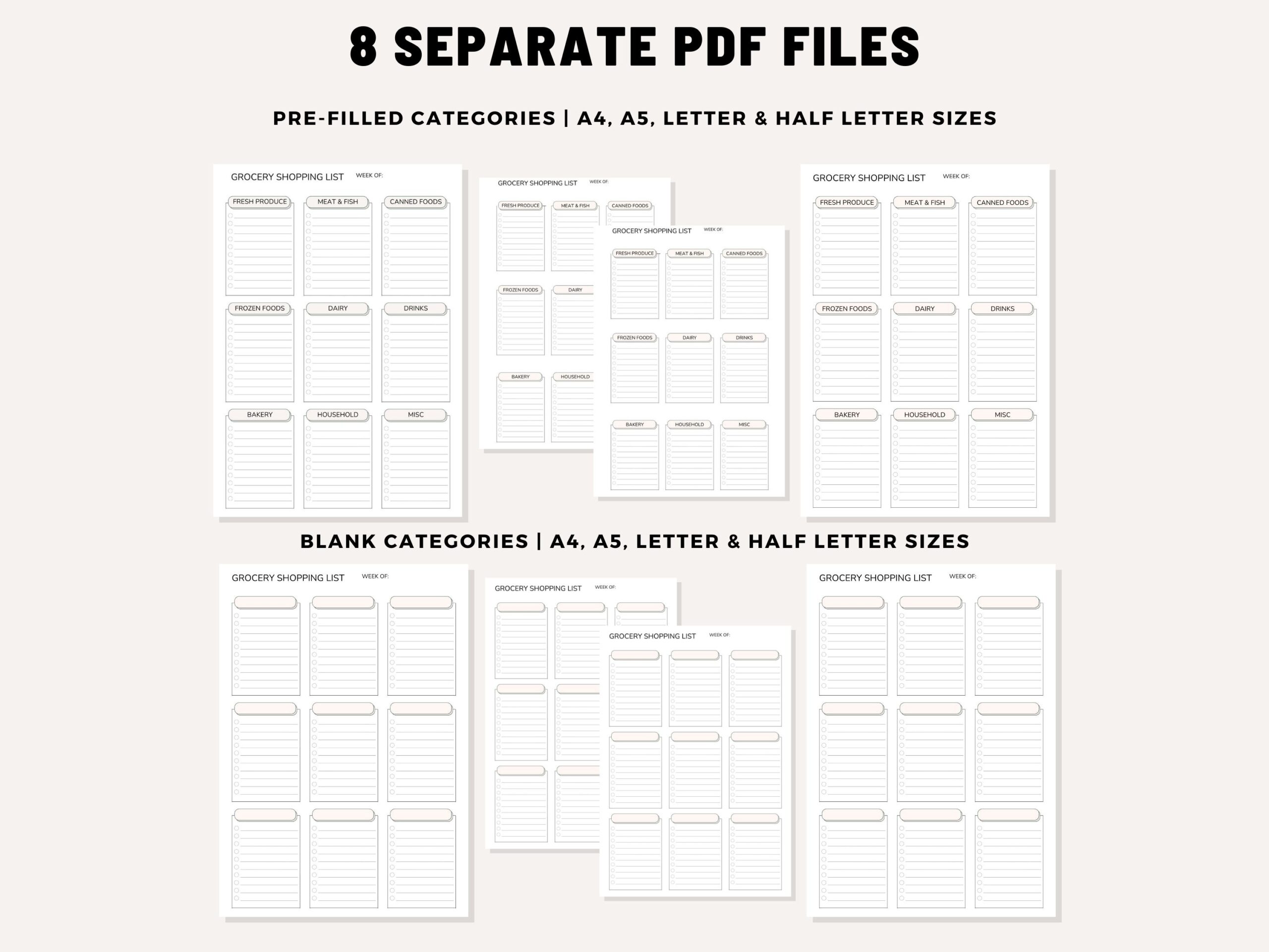 Image of eight Minimalist Grocery Shopping List Printable PDFs—Categorised Weekly Checklists in pre-filled and blank styles—shown in A4, A5, Letter, and Half sizes, each with weekly checklist headers.