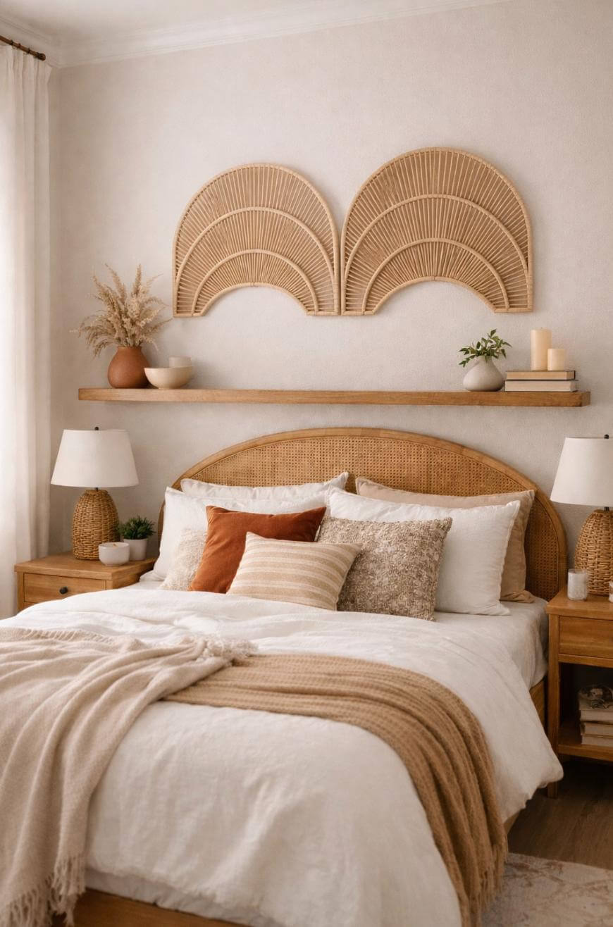 Cozy bedroom with a neutral color scheme, decorated with textured pillows and a beige throw. Above the bed, a wooden shelf holds decor and plants, and two large, fan-shaped wall art pieces hang on the wall.