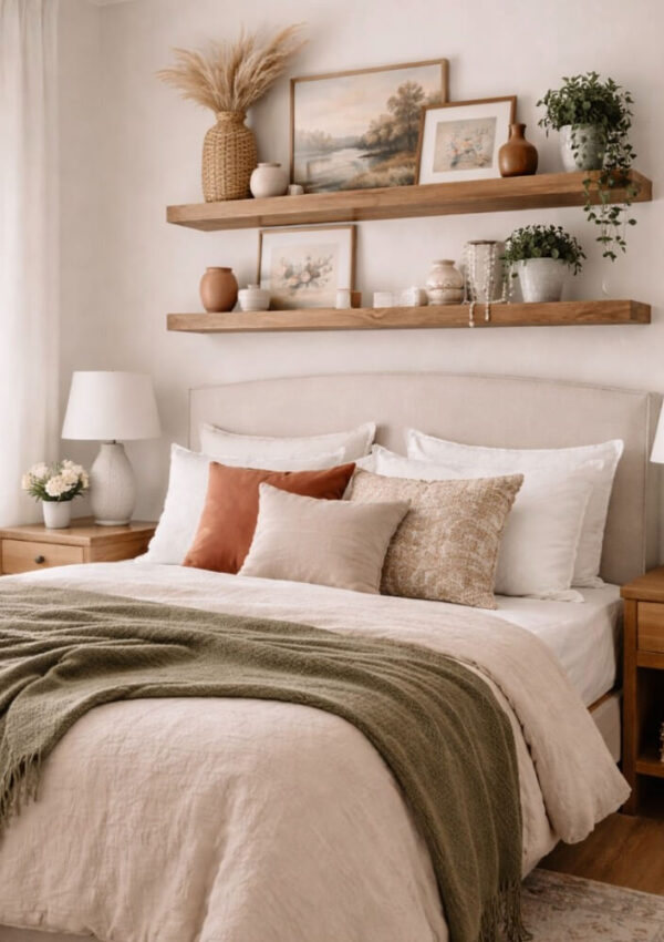 Cozy bedroom with a neutral bed, green blanket, earth-toned pillows, wooden nightstands, lamps, and two wooden shelves above the bed holding plants, vases, and framed art. Natural light streams in from the left.