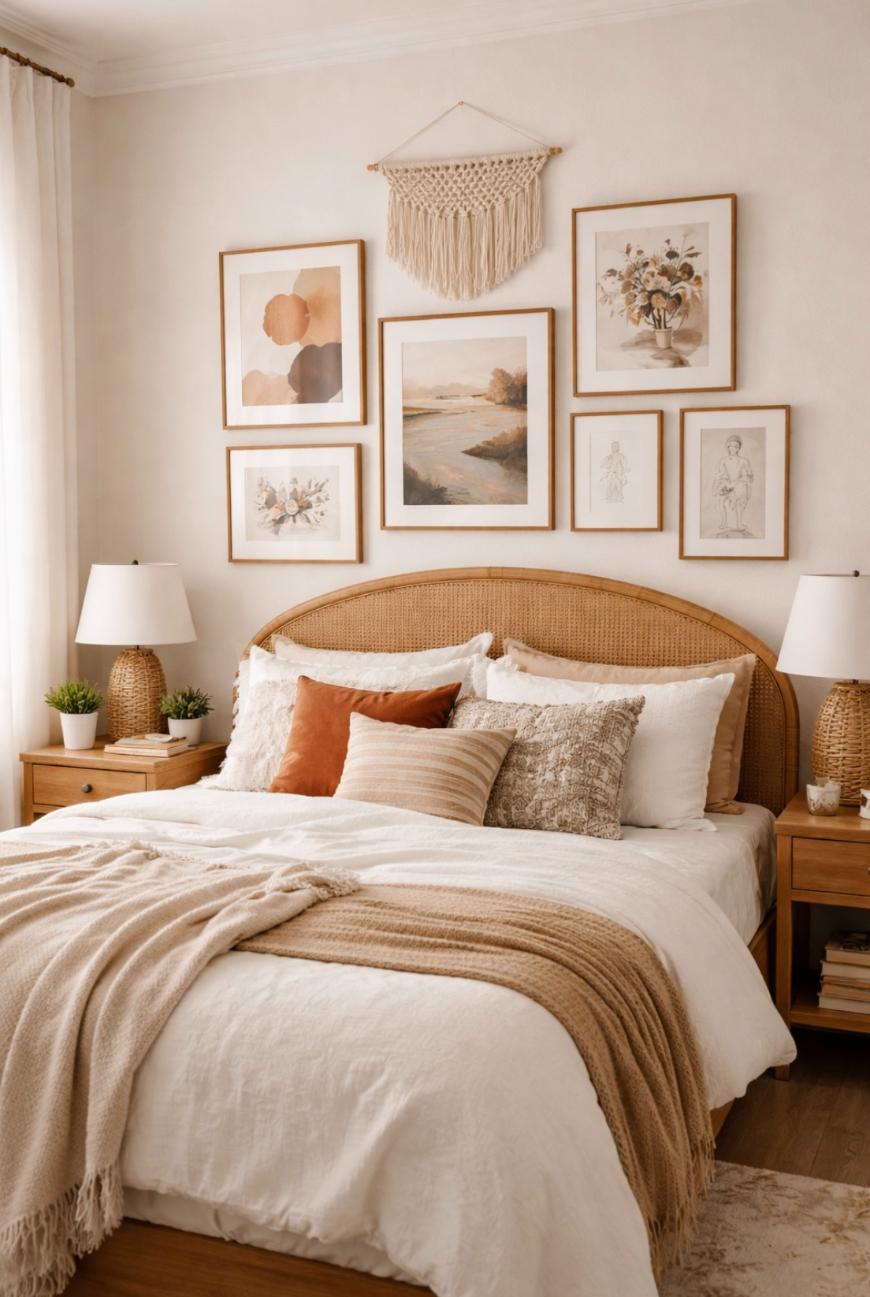 Cozy bedroom with a rattan headboard, neutral bedding, and decorative pillows. Framed art and a macramé wall hanging decorate the wall above. Two nightstands hold lamps and potted plants, creating a warm, inviting space.