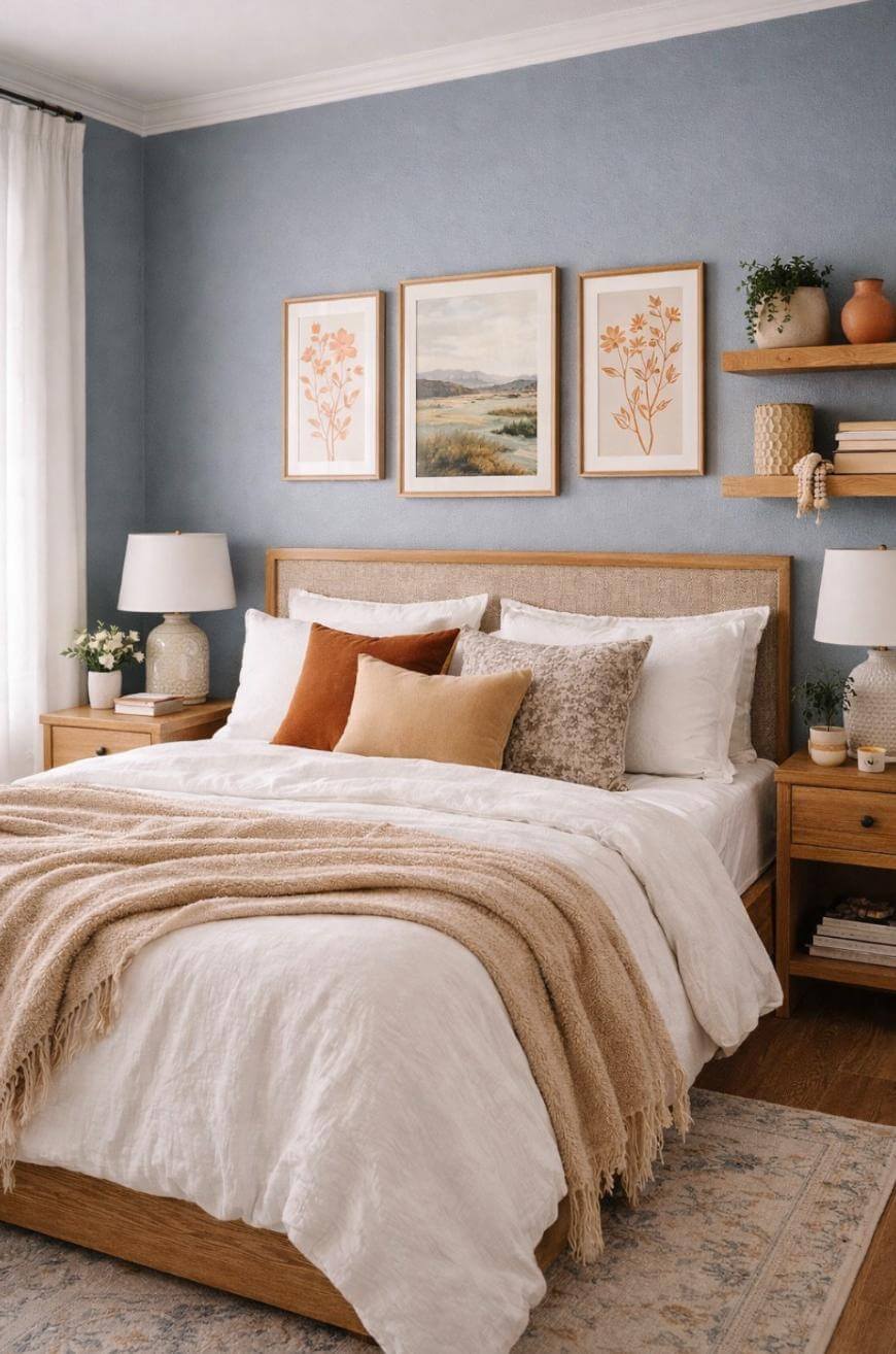 Cozy bedroom with a wooden bedframe, white bedding, tan and rust throw pillows, a beige knit blanket, matching nightstands with lamps, and art on a blue wall with shelves holding plants and books. Natural light from window.