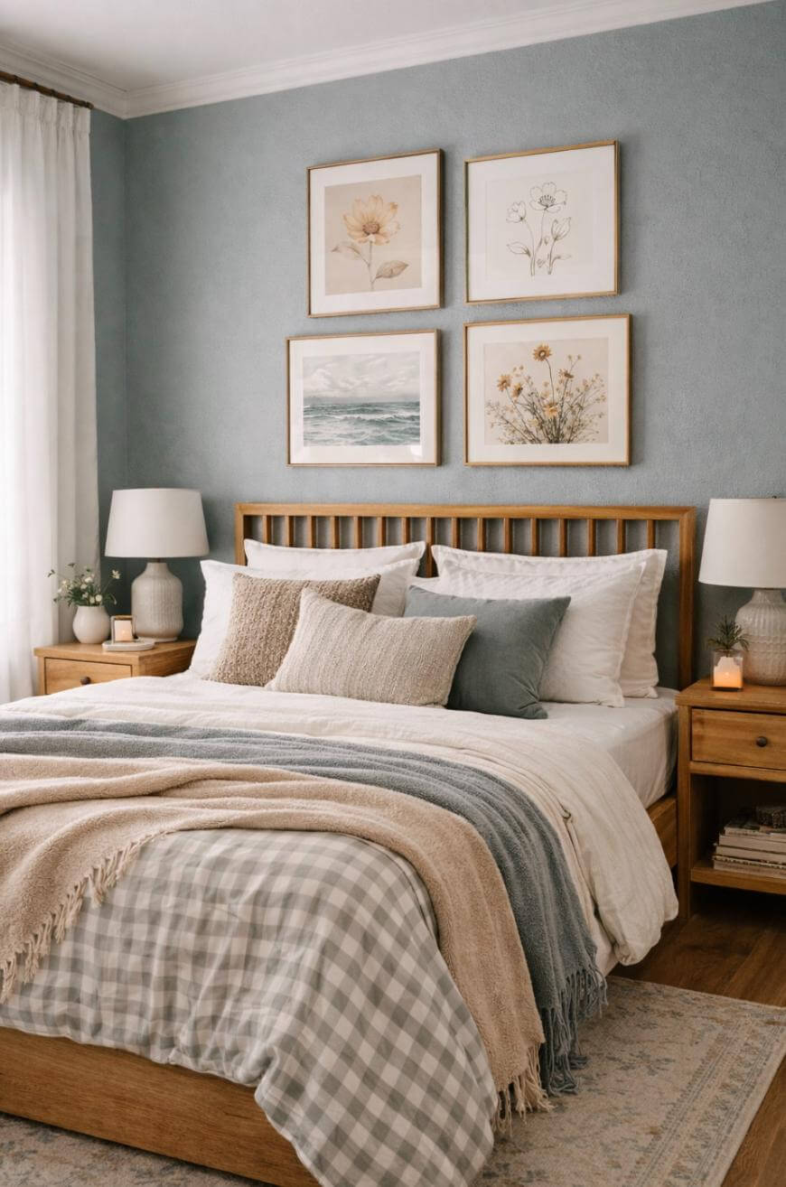 A cozy bedroom with a wooden bed frame, neutral bedding, textured pillows, and layered blankets. Two bedside tables with lamps and decor sit on either side. Four framed art prints hang above the headboard on a blue accent wall.