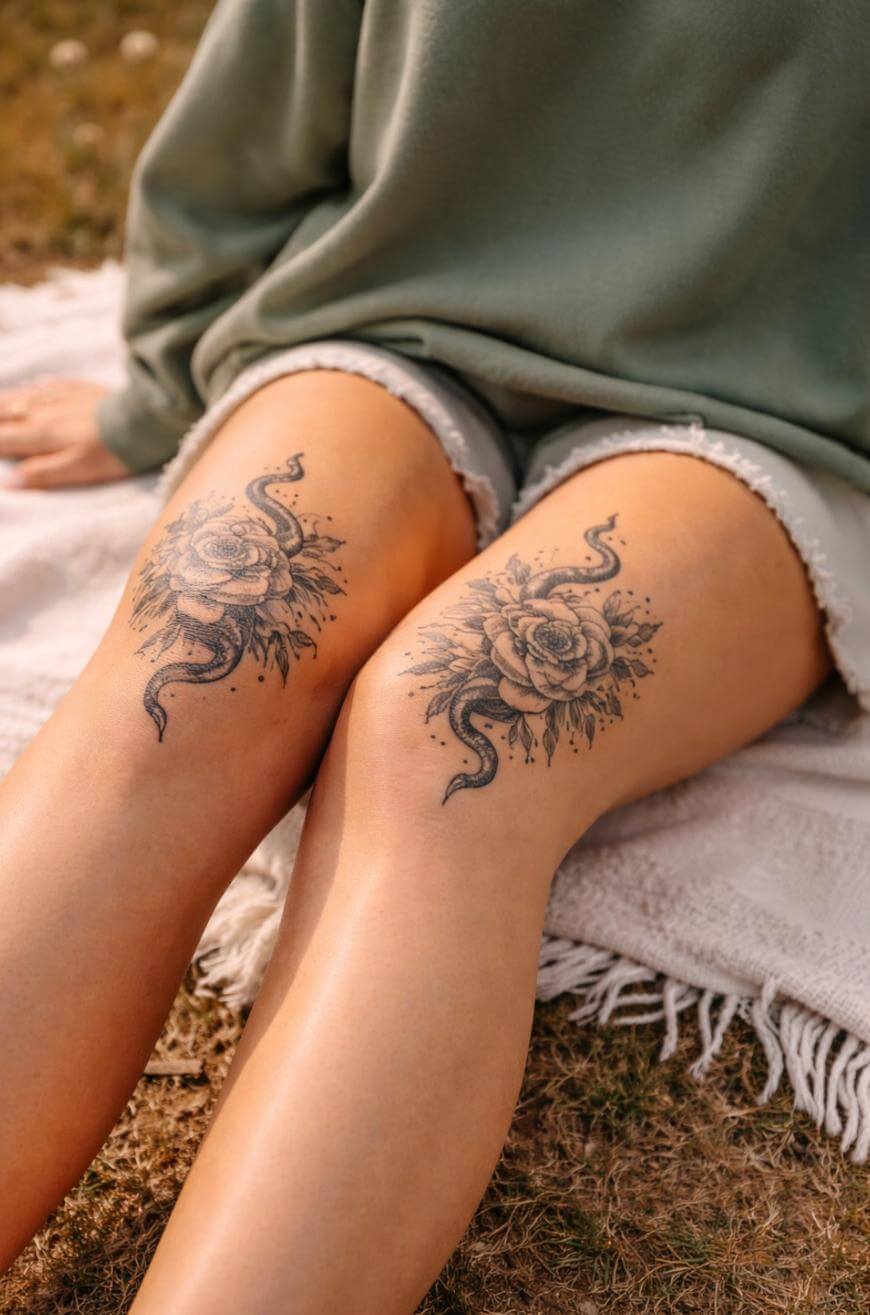 A person sitting on a blanket outdoors shows two tattoos of detailed roses with leaves and artistic accents, one on each thigh, while wearing a green sweatshirt and light shorts.