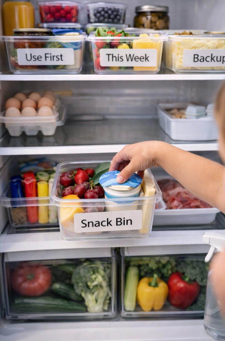 A person’s hand reaches into a refrigerator, grabbing a yogurt from a labeled “Snack Bin” containing fruit and snacks. Other labeled bins and shelves hold eggs, berries, cheese, deli meat, and various vegetables.