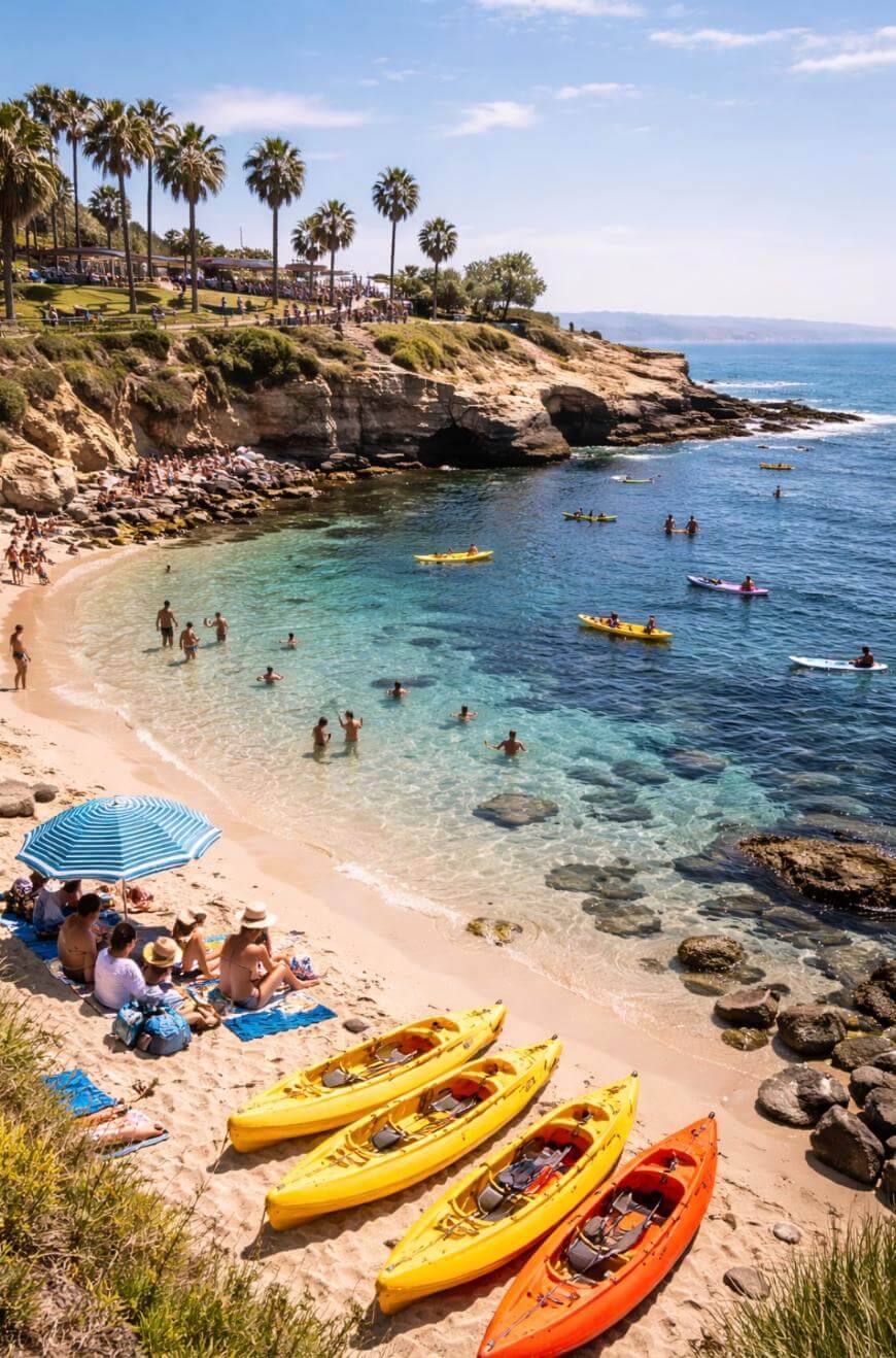 People relax on a sandy beach with kayaks and a blue umbrella in the foreground. Others swim and kayak in the clear blue water, surrounded by rocky cliffs and palm trees under a sunny sky.