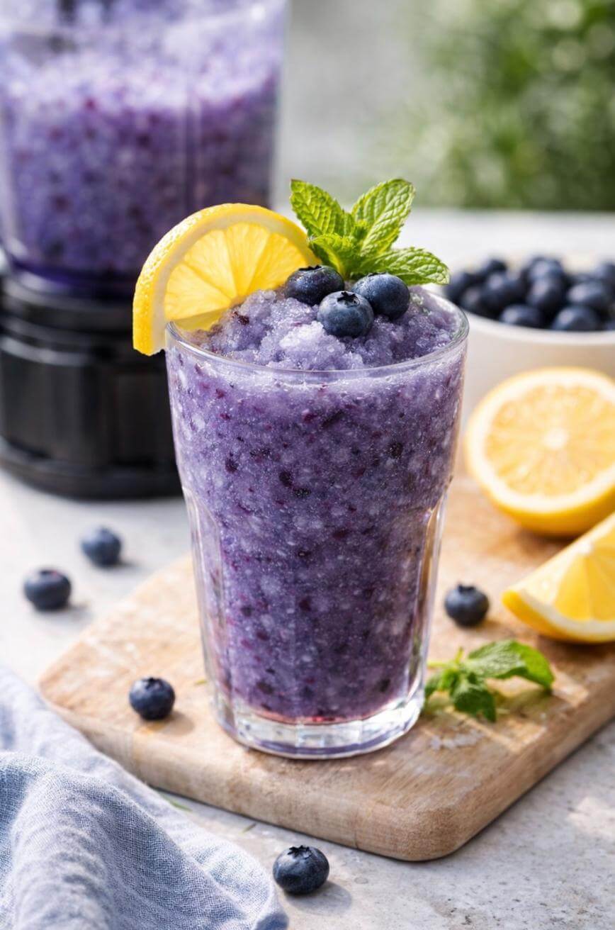 A glass of blueberry slush topped with fresh blueberries, a lemon slice, and mint leaves sits on a wooden board. Lemons, blueberries, and mint are scattered nearby, with a blender in the background.