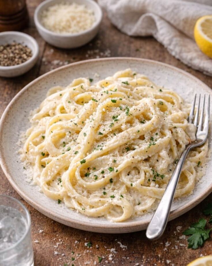 A plate of creamy fettuccine Alfredo topped with grated cheese and chopped parsley, with a fork resting on the side. A bowl of grated cheese, pepper, and a lemon are visible in the background.