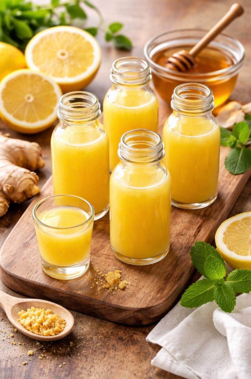 Five small glass bottles and a shot glass filled with yellow ginger-lemon juice stand on a wooden board, surrounded by fresh ginger, lemons, honey, mint leaves, and a wooden honey dipper.