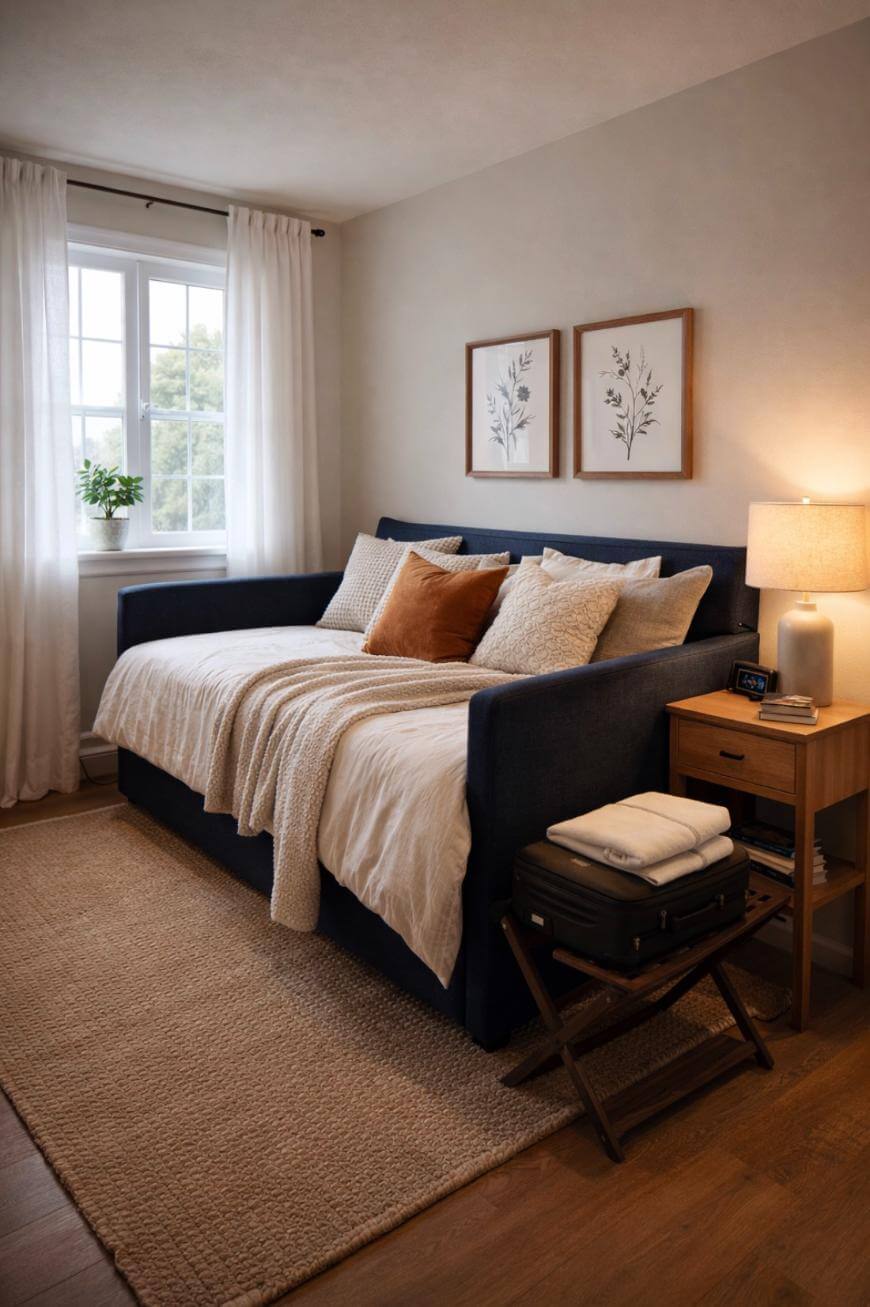 A cozy bedroom with a navy blue daybed, beige bedding, and decorative pillows. A wooden nightstand with a lamp and clock sits beside the bed, and a luggage rack with towels is at the foot. Light streams in from a window with white curtains.