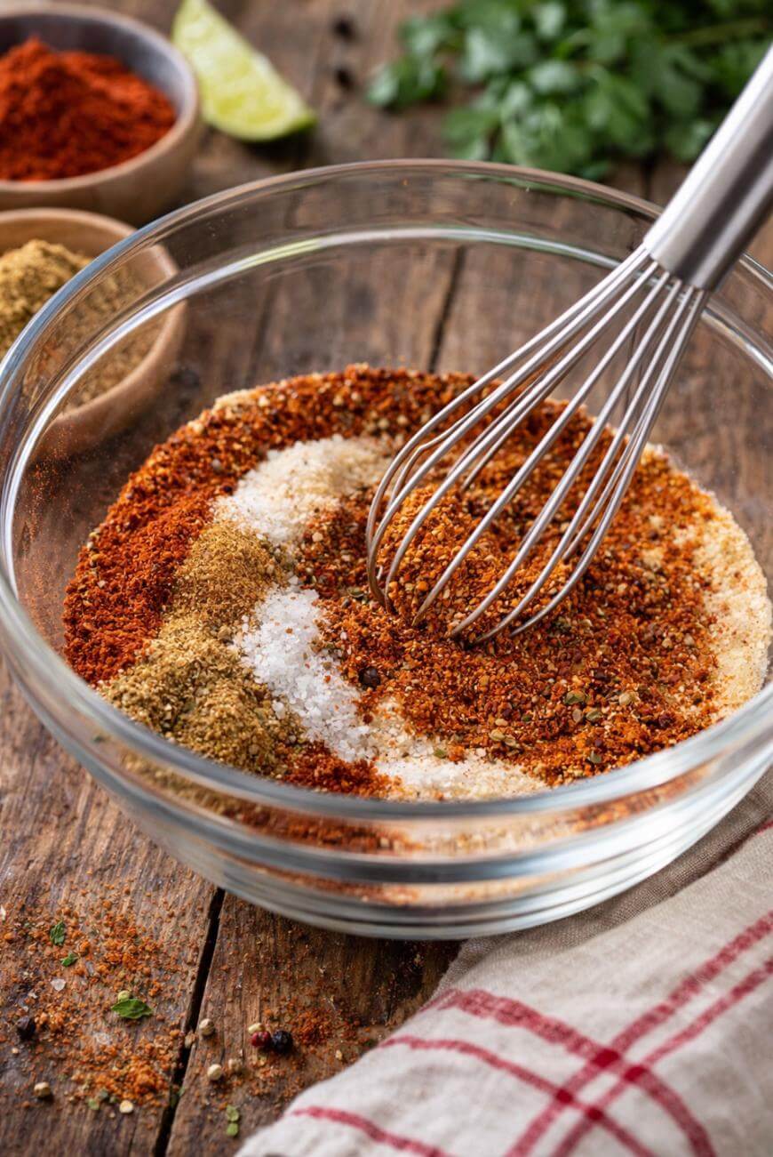 A glass bowl filled with various spices being whisked together on a wooden table, with fresh herbs, lime, and additional spice bowls in the background. A red-striped towel is partially visible in the foreground.