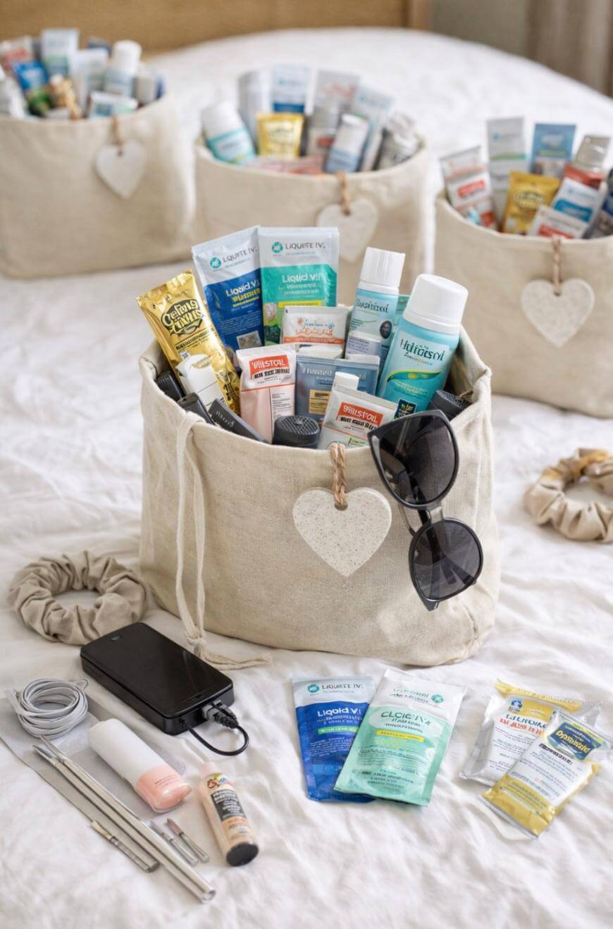 Three fabric baskets filled with various travel-sized toiletries and personal care products sit on a bed. In front, sunglasses, scrunchies, charging cables, lip balm, and single-use packets are neatly arranged.
