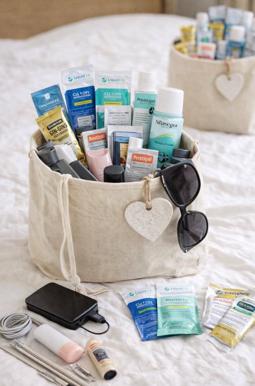 Two beige fabric baskets filled with toiletries like toothpaste, sunscreen, lotion, and supplements. One basket has black sunglasses hanging on it. Various small items and travel toiletries are spread on a white bed nearby.