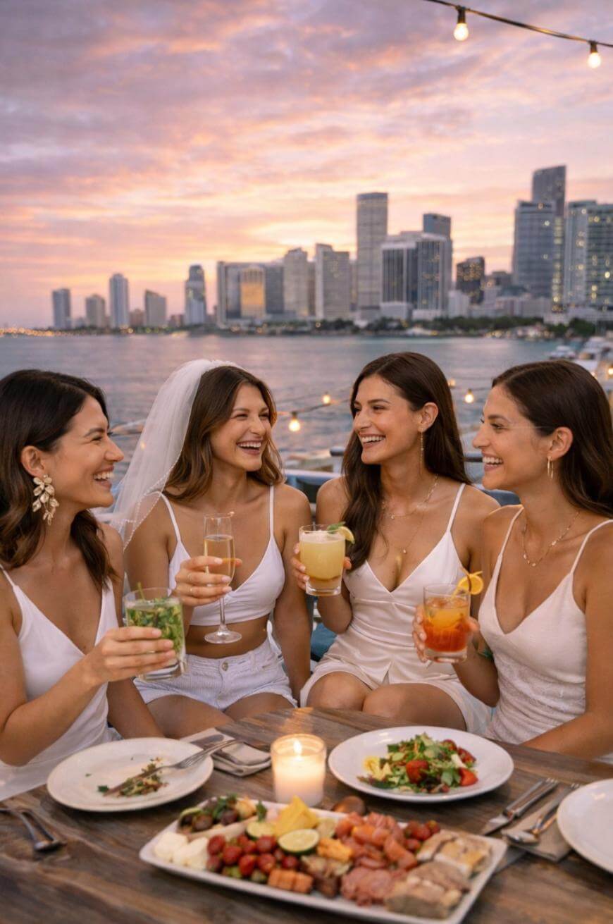 Four women in white dresses, one wearing a veil, sit outdoors by the water with city buildings in the background. They smile and hold cocktails, with plates of food and a candle on the table at sunset.