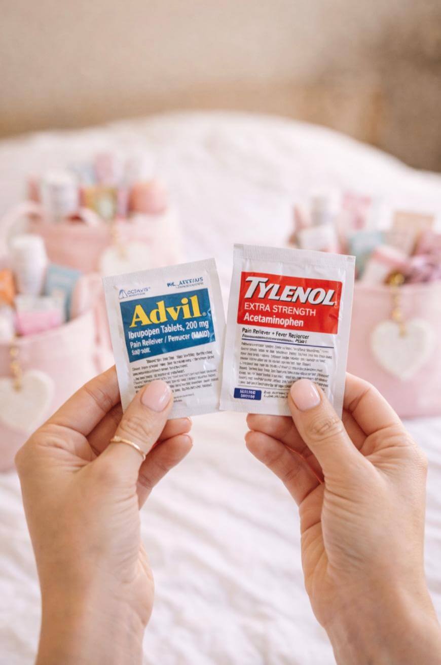 Two hands holding small packets of Advil (Ibuprofen Tablets, 200 mg) and Tylenol (Extra Strength Acetaminophen) with blurred pink heart-decorated gift bags in the background.