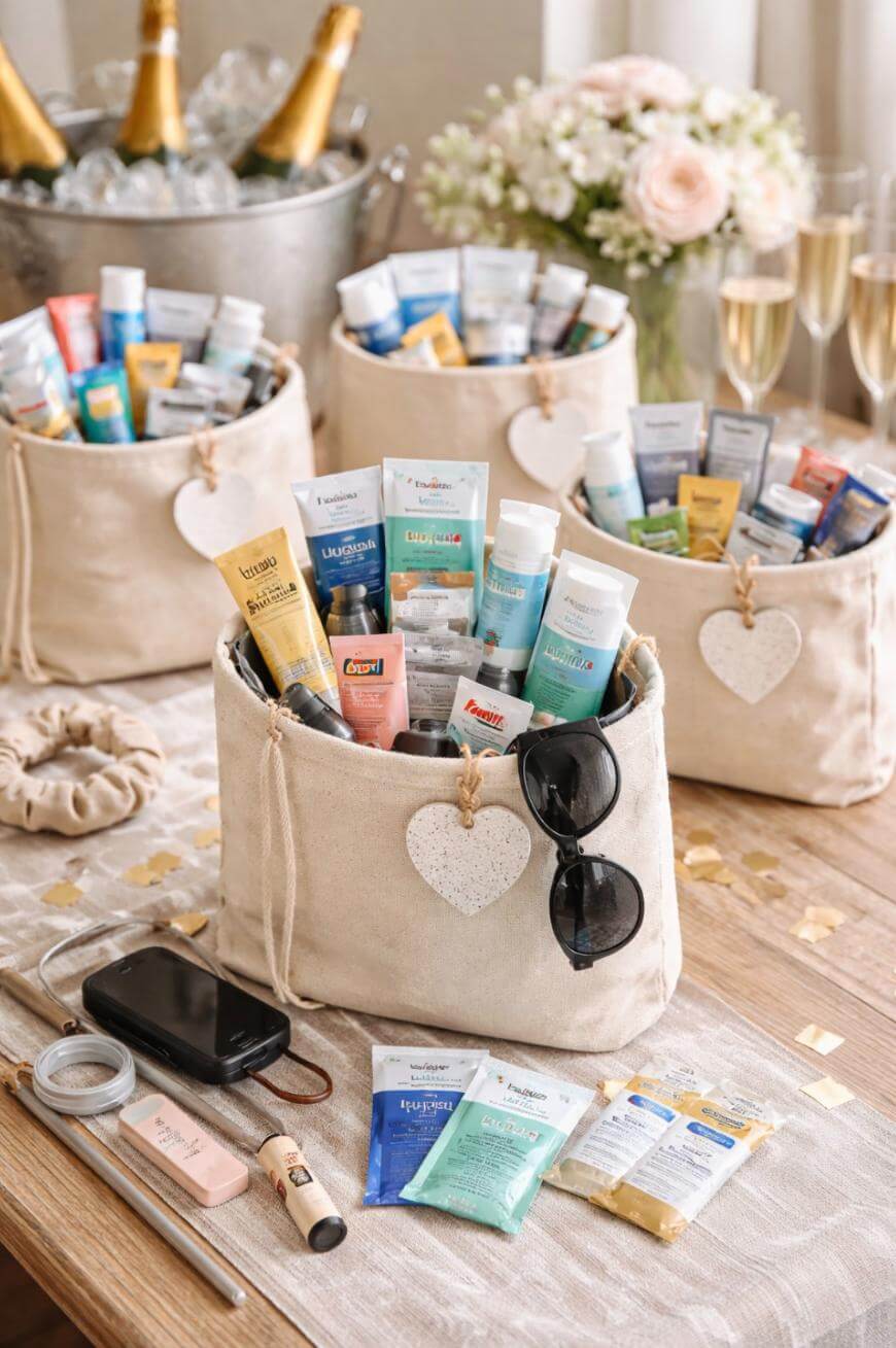 Beige fabric baskets filled with travel-sized skincare products, sunglasses, and other essentials sit on a decorated table. Nearby are a phone, lip balm, champagne bottles in ice, champagne glasses, and a vase of flowers.