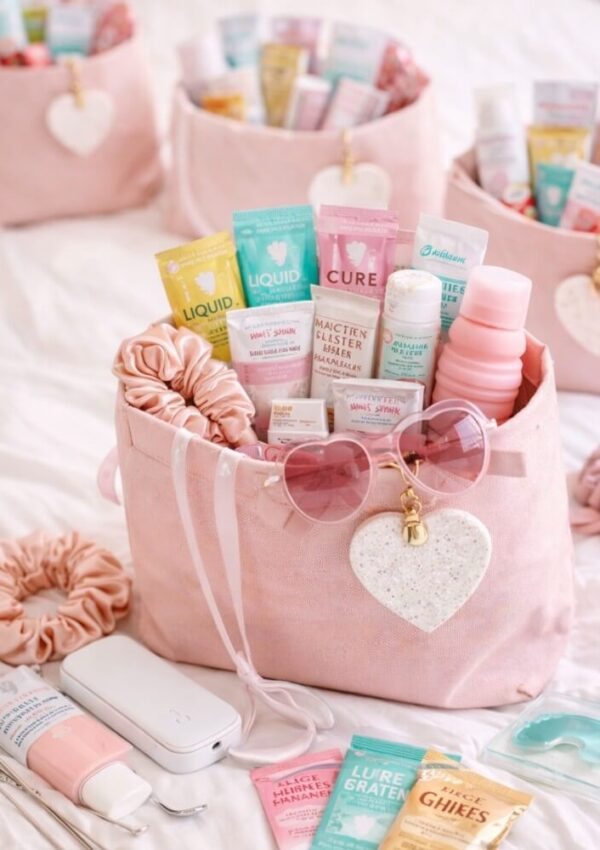 A pink fabric bag with a heart tag, filled with various skincare products, scrunchies, and pink sunglasses, sits on a bed. More similar bags and products are visible in the background.