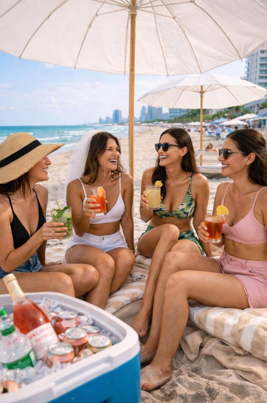 Four women in swimsuits sit on the beach under umbrellas, smiling and holding colorful drinks. A cooler filled with drinks and ice is in the foreground. The ocean, sand, and city buildings are in the background.