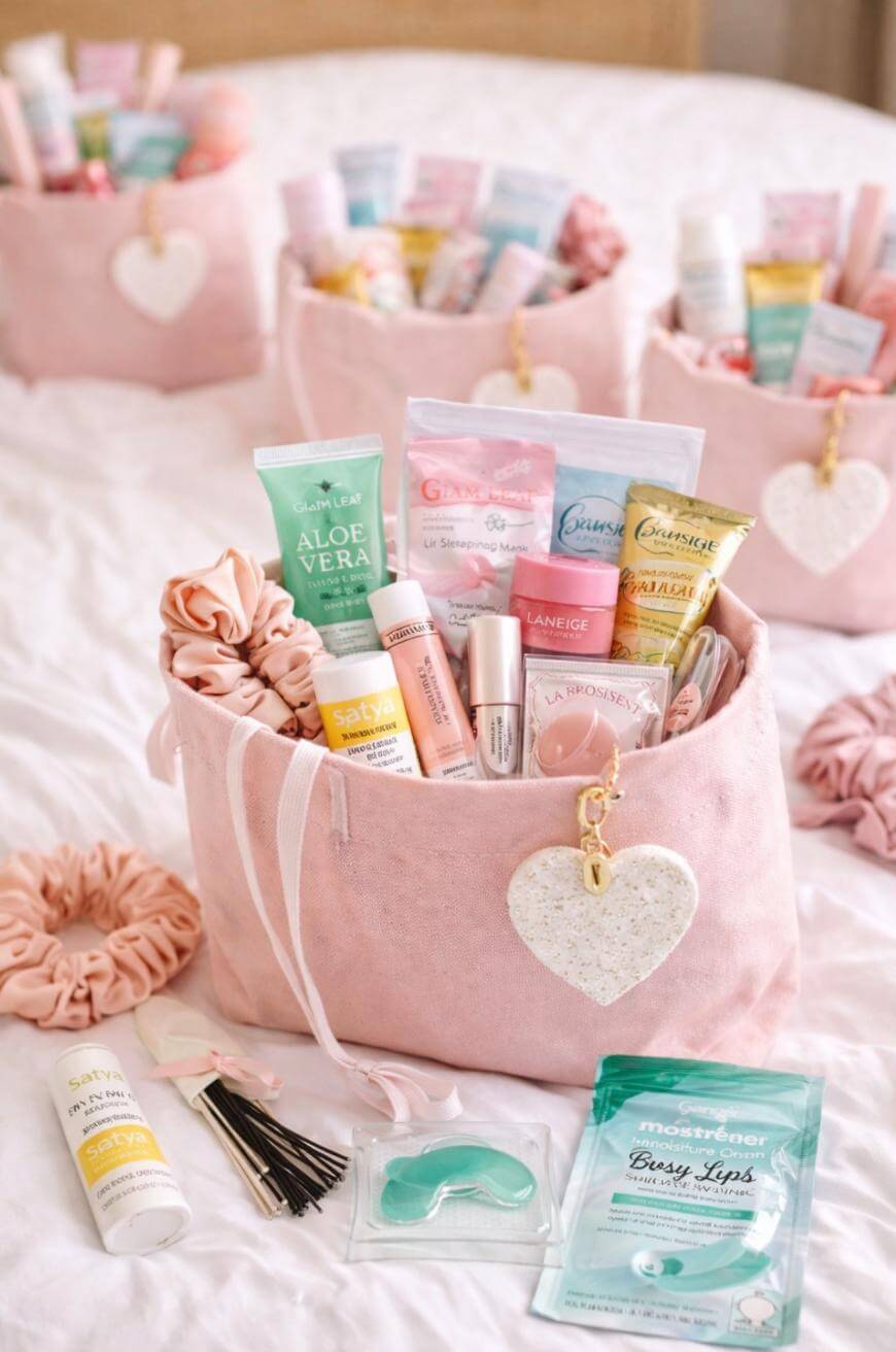 A pink fabric gift bag with a heart-shaped tag, filled with beauty and skincare products, scrunchies, and face masks, sits on a bed alongside similar bags in the background.