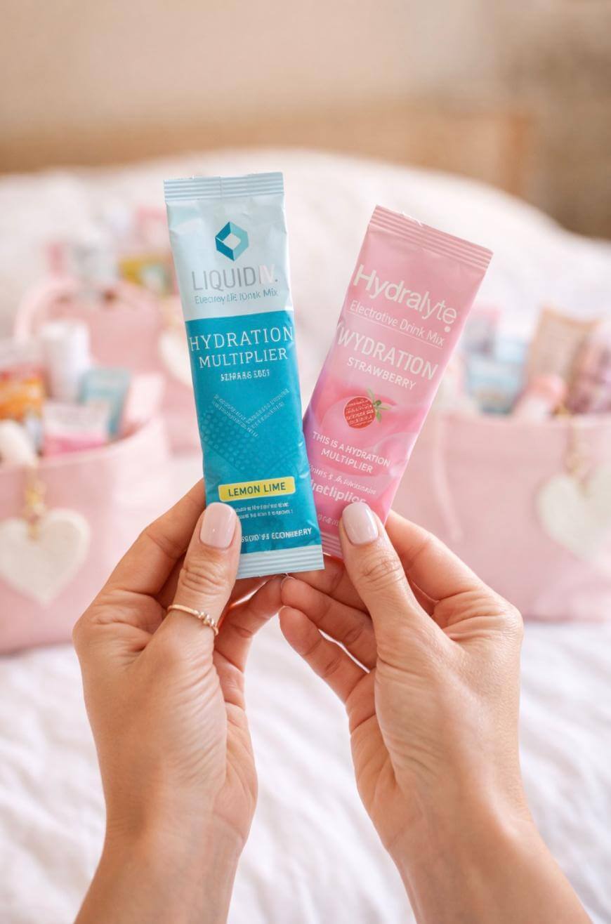 A person holds two electrolyte drink mix packets: one blue Liquid I.V. Hydration Multiplier in Lemon Lime flavor and one pink Hydralyte Hydration in Strawberry flavor. Blurred bags with packets are in the background.