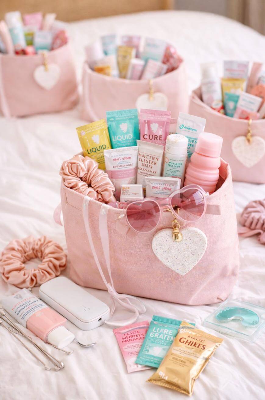A pink gift bag with a white heart contains beauty and self-care products, pink sunglasses, and scrunchies. More similar bags with self-care items are in the background, all arranged on a white bedspread.