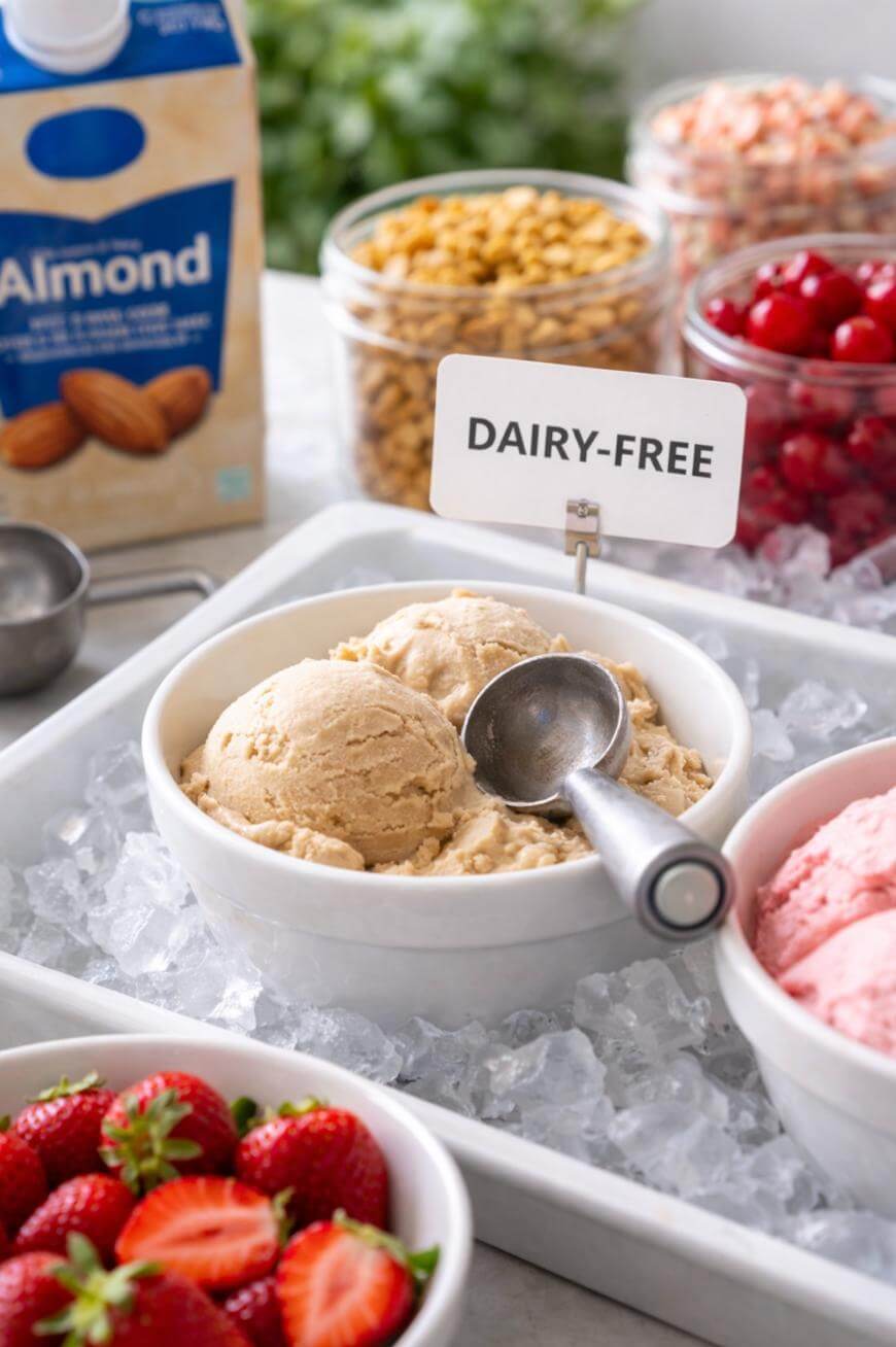 A bowl of dairy-free ice cream with a scooper is displayed on ice, surrounded by fresh strawberries, cherries, toppings, and a carton of almond milk. A sign labeled Dairy-Free stands behind the bowl.
