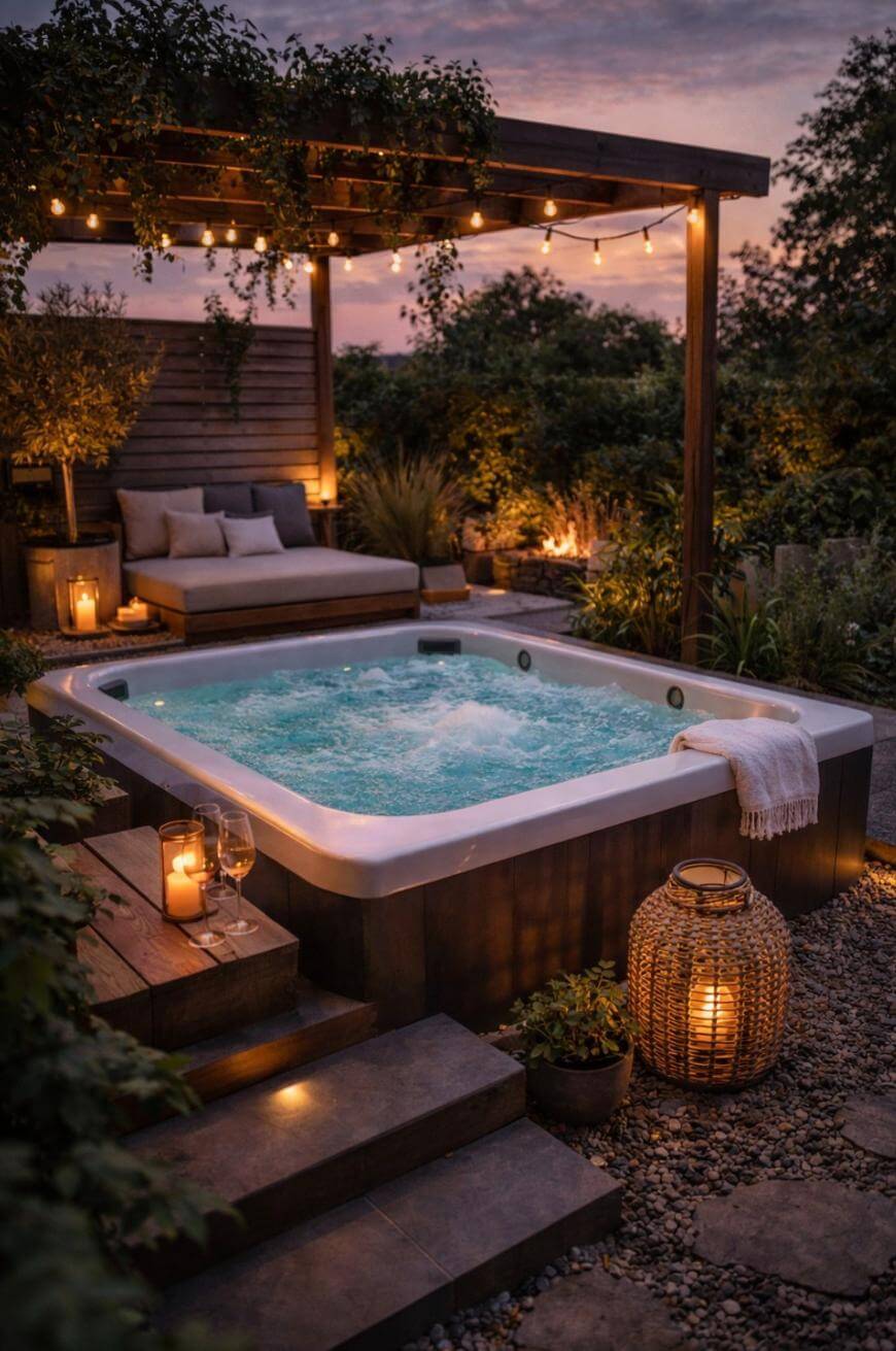 An outdoor hot tub with bubbling water sits under a pergola with string lights. Nearby are lounge seating, potted plants, pillows, lanterns, and candles, creating a cozy, inviting atmosphere at sunset.