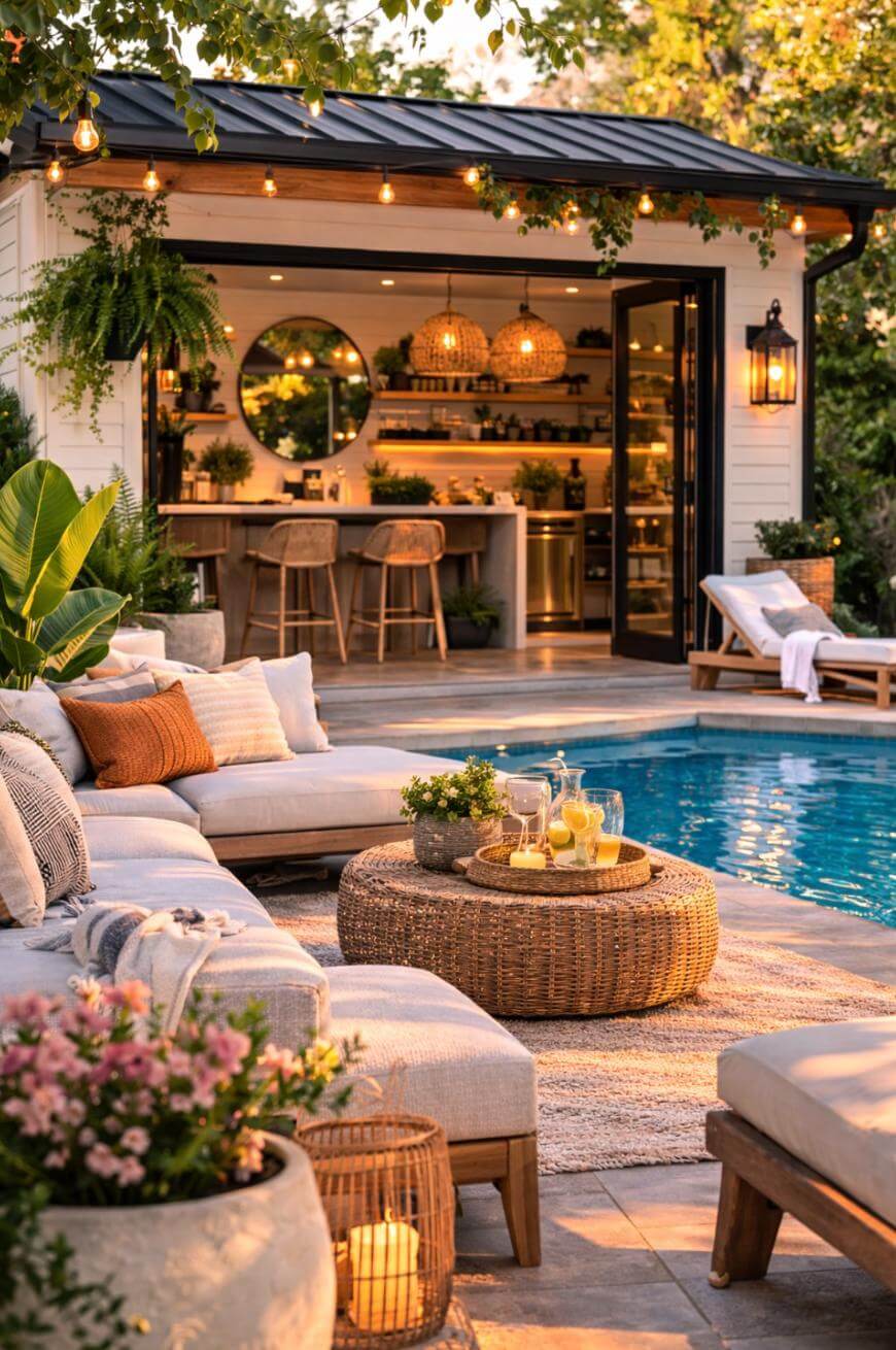 A stylish backyard patio features lounge chairs, cushions, and a woven table with lemonade by a pool. Nearby, a cozy pool house with bar stools, hanging lights, and plants creates a warm, inviting atmosphere at sunset.