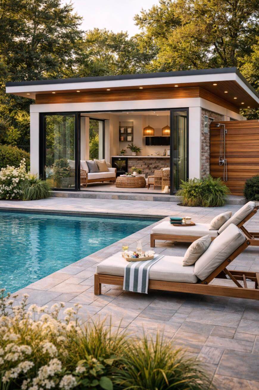 Modern pool house with large glass doors, cozy seating, and pendant lights, opening to a backyard pool. Two cushioned lounge chairs with drinks and a striped towel sit poolside, surrounded by lush greenery.